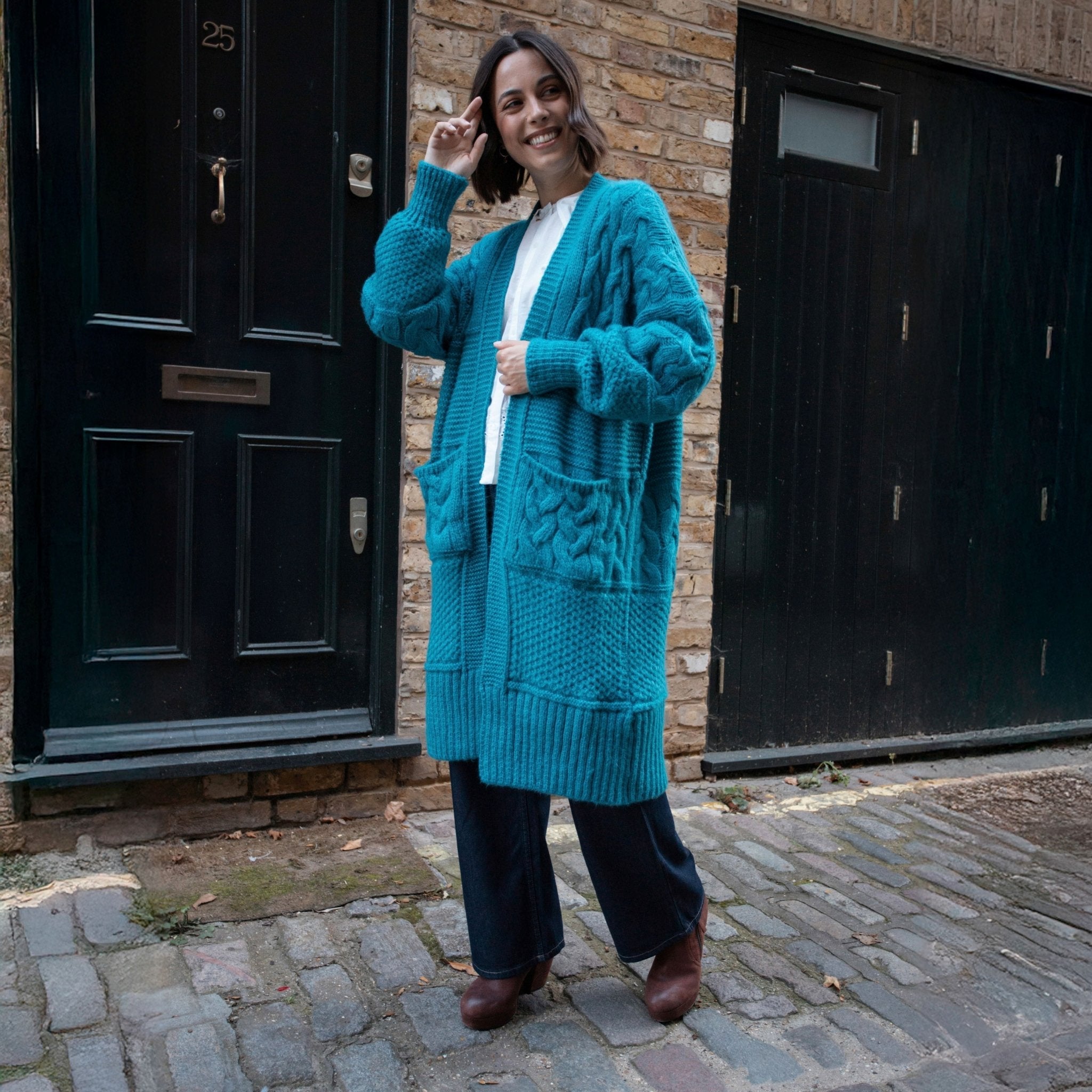 Alex Balloon Sleeve Cable Maxi Cardigan - Teal