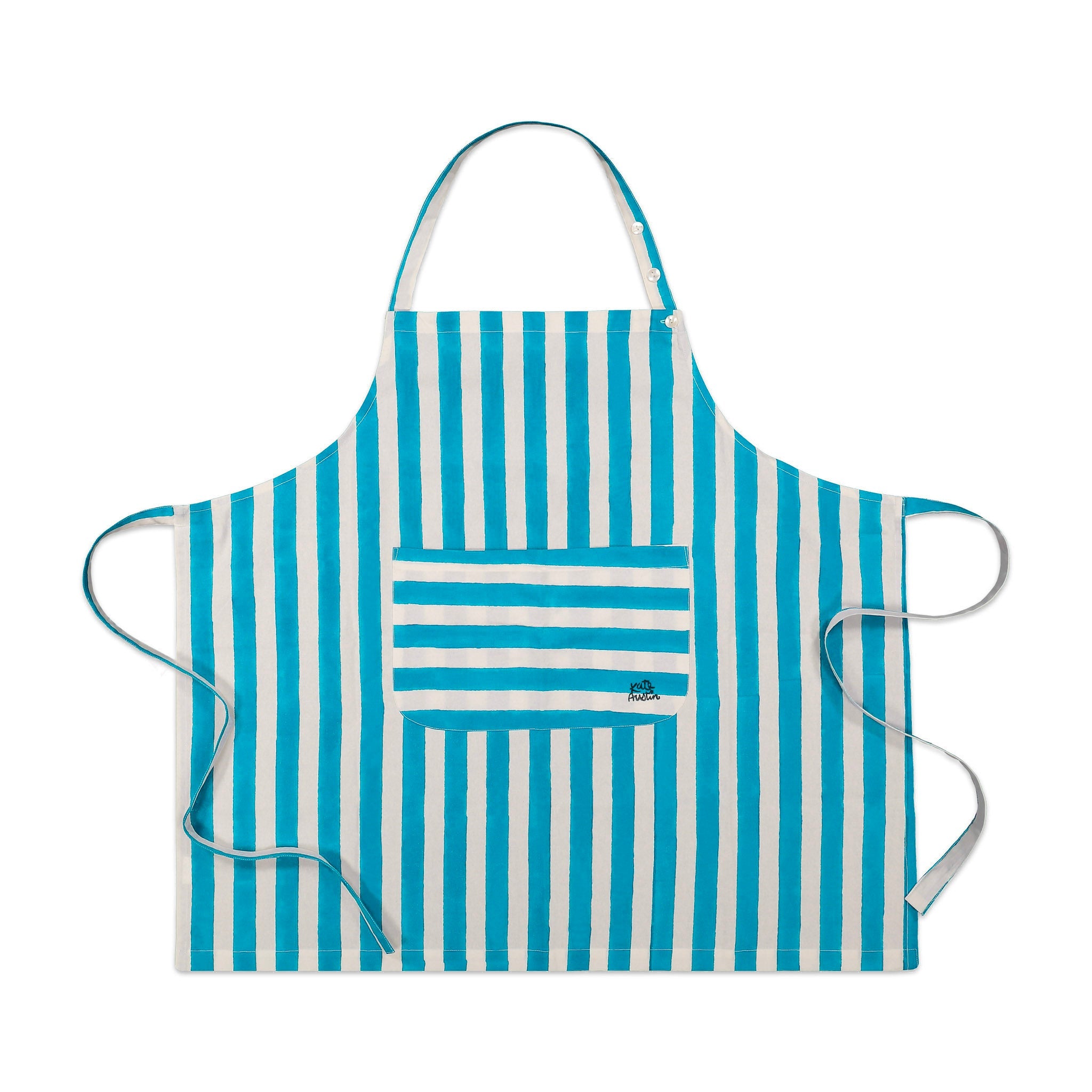 Apron with Front Pocket in Cyan White Cabana Stripe