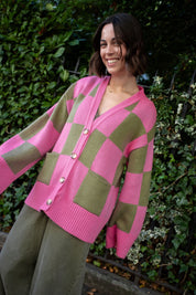 Candice Wide Sleeve Checked Button Cardigan - Pink & Green
