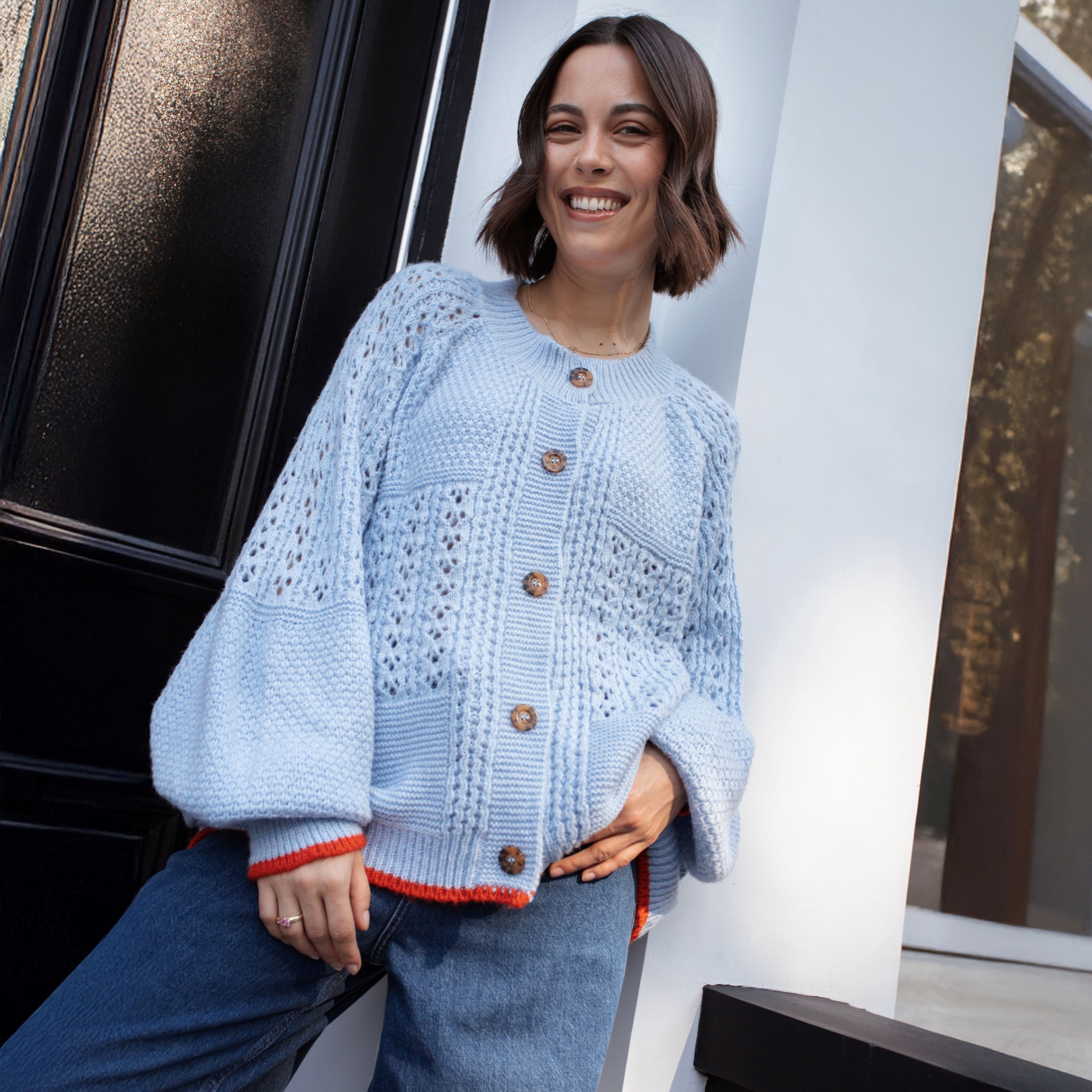 Brigit Pointelle Stitch Balloon Sleeve Cardigan - Blue