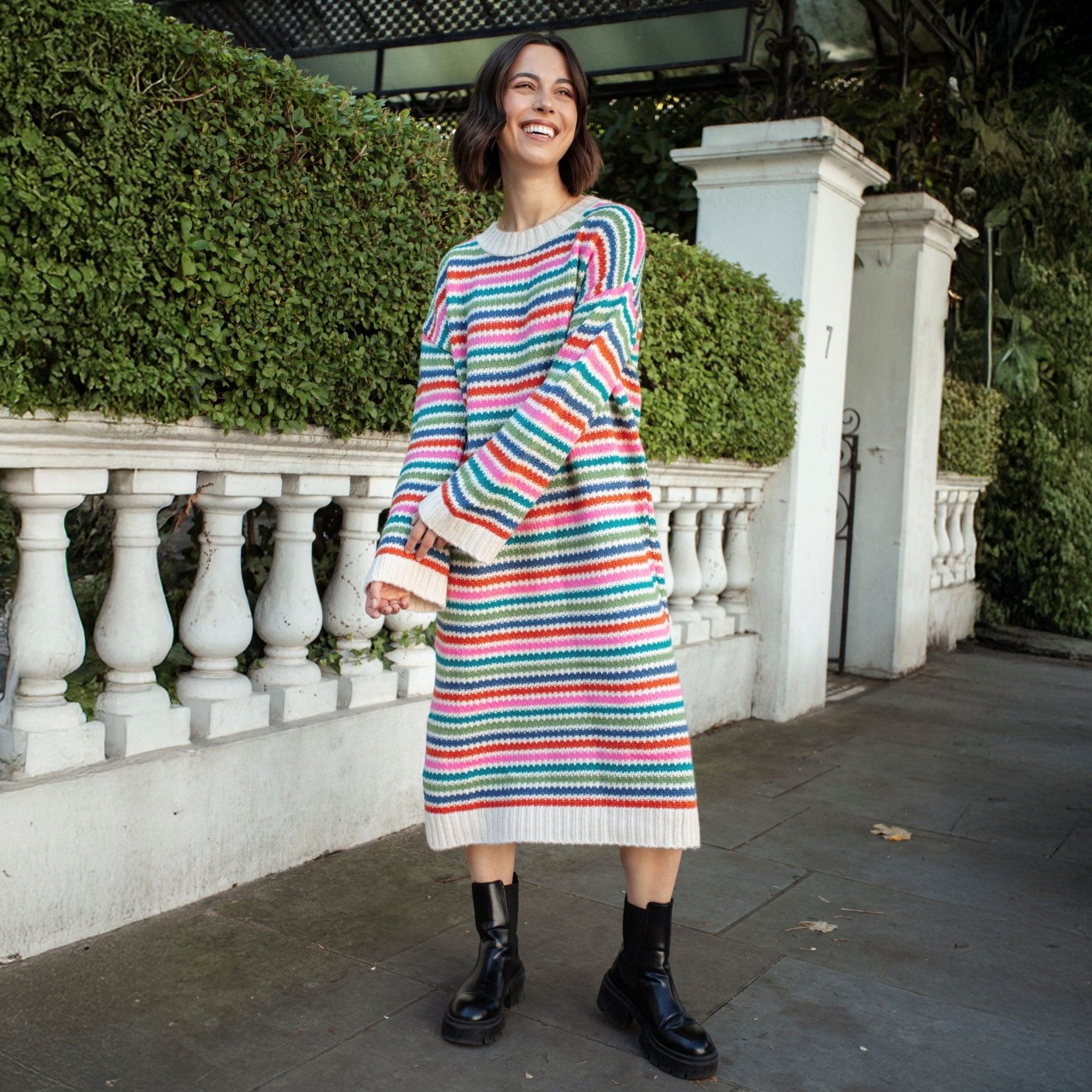 Becca Rainbow Stripe Knitted Midi Dress - Rainbow