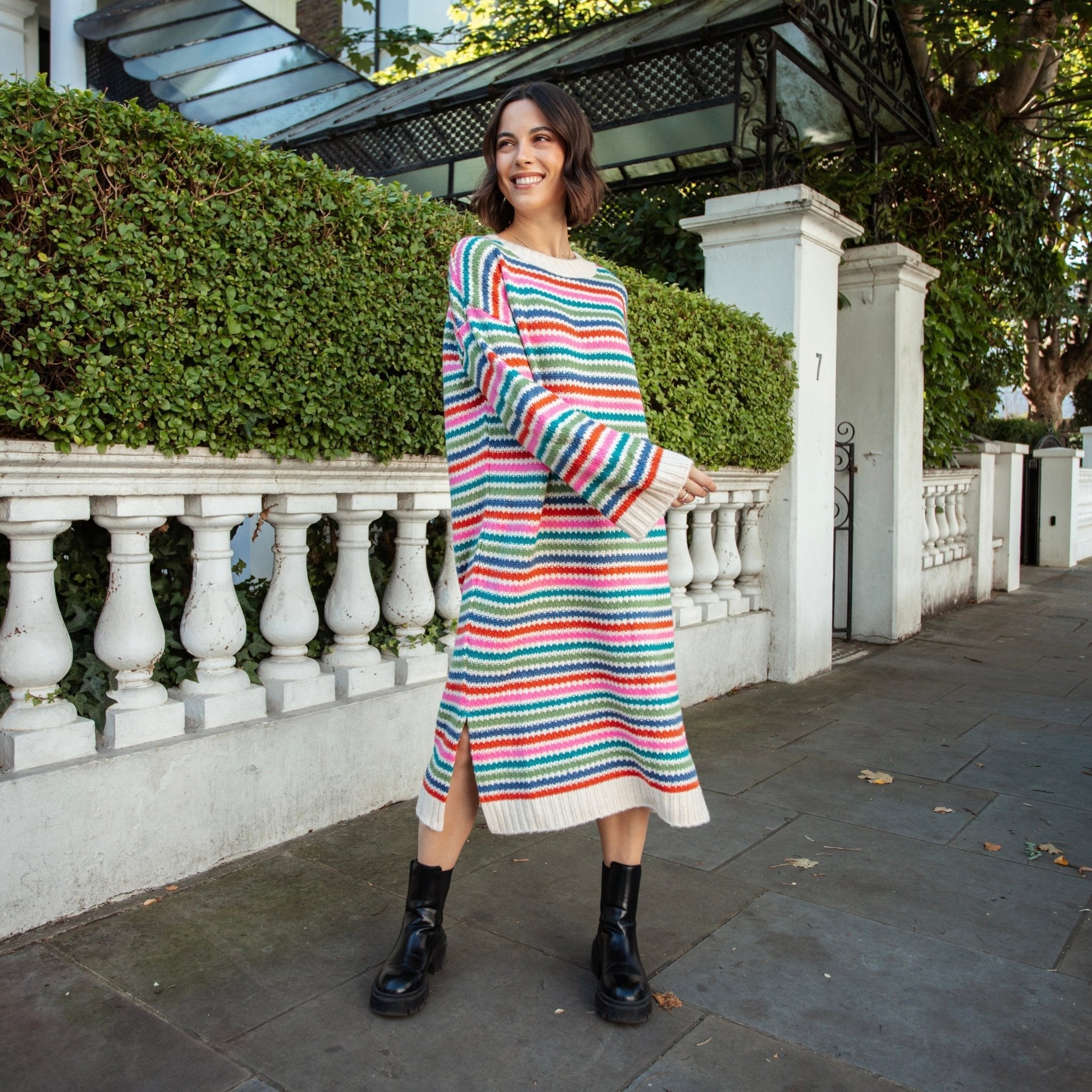 Becca Rainbow Stripe Knitted Midi Dress - Rainbow