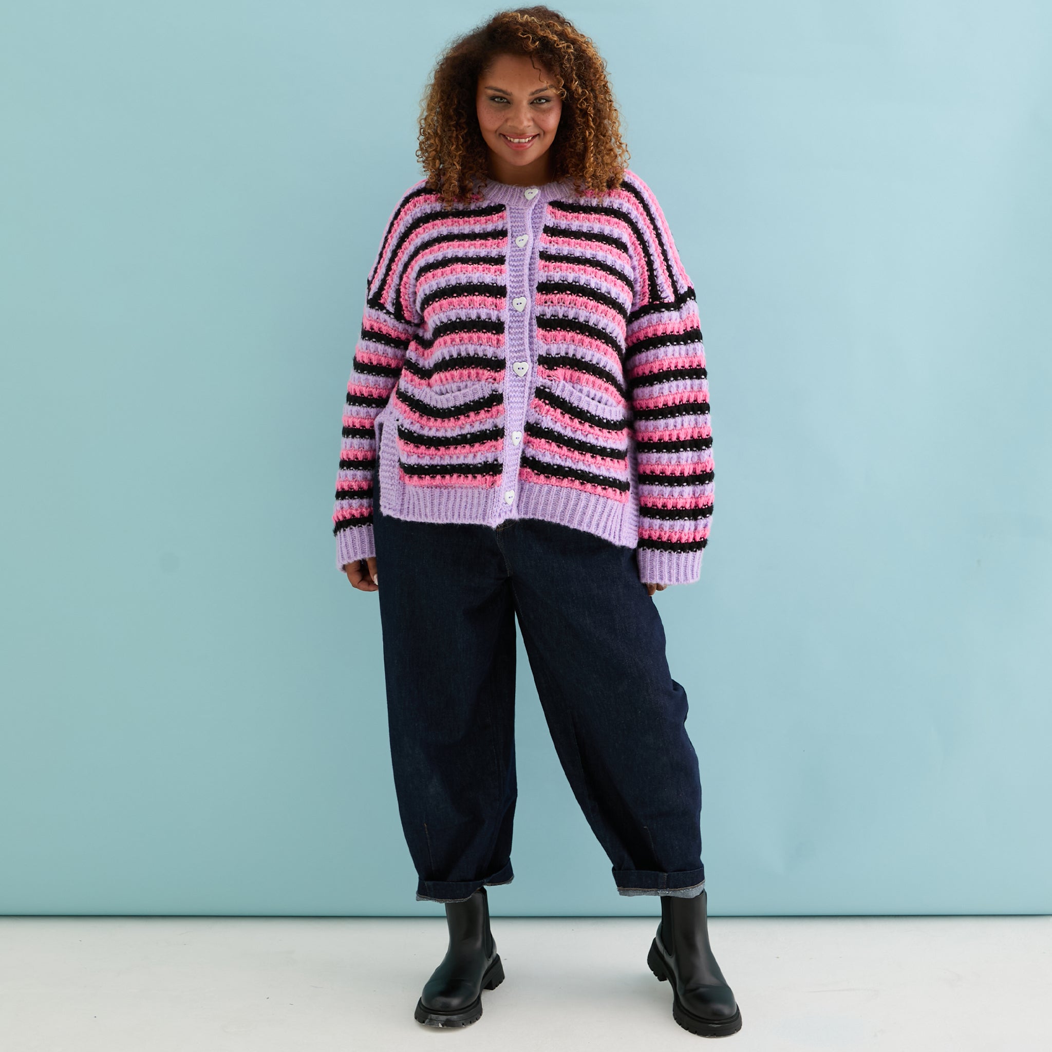 Bernice Stripe Cross Stitch Cardigan - Lilac