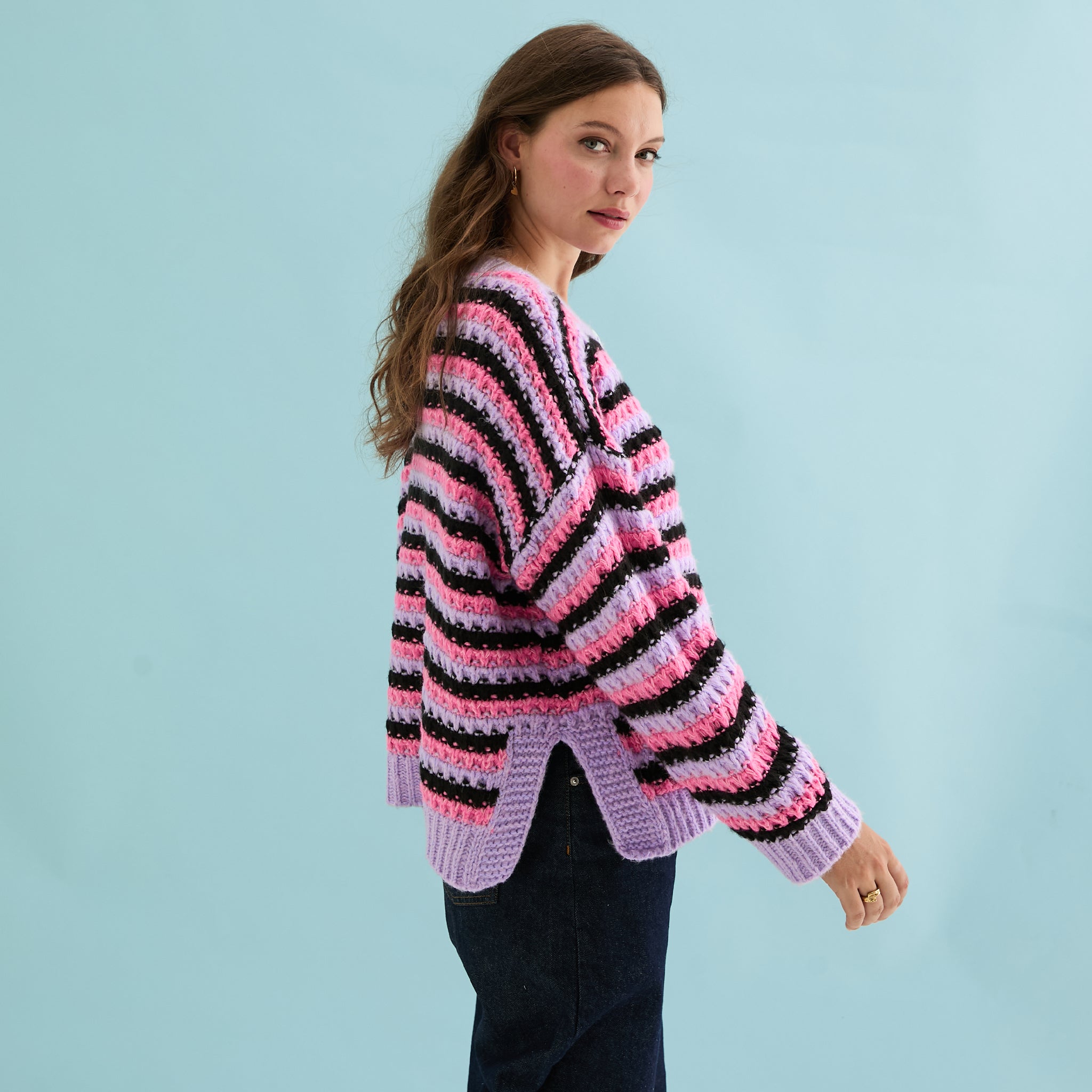 Bernice Stripe Cross Stitch Cardigan - Lilac