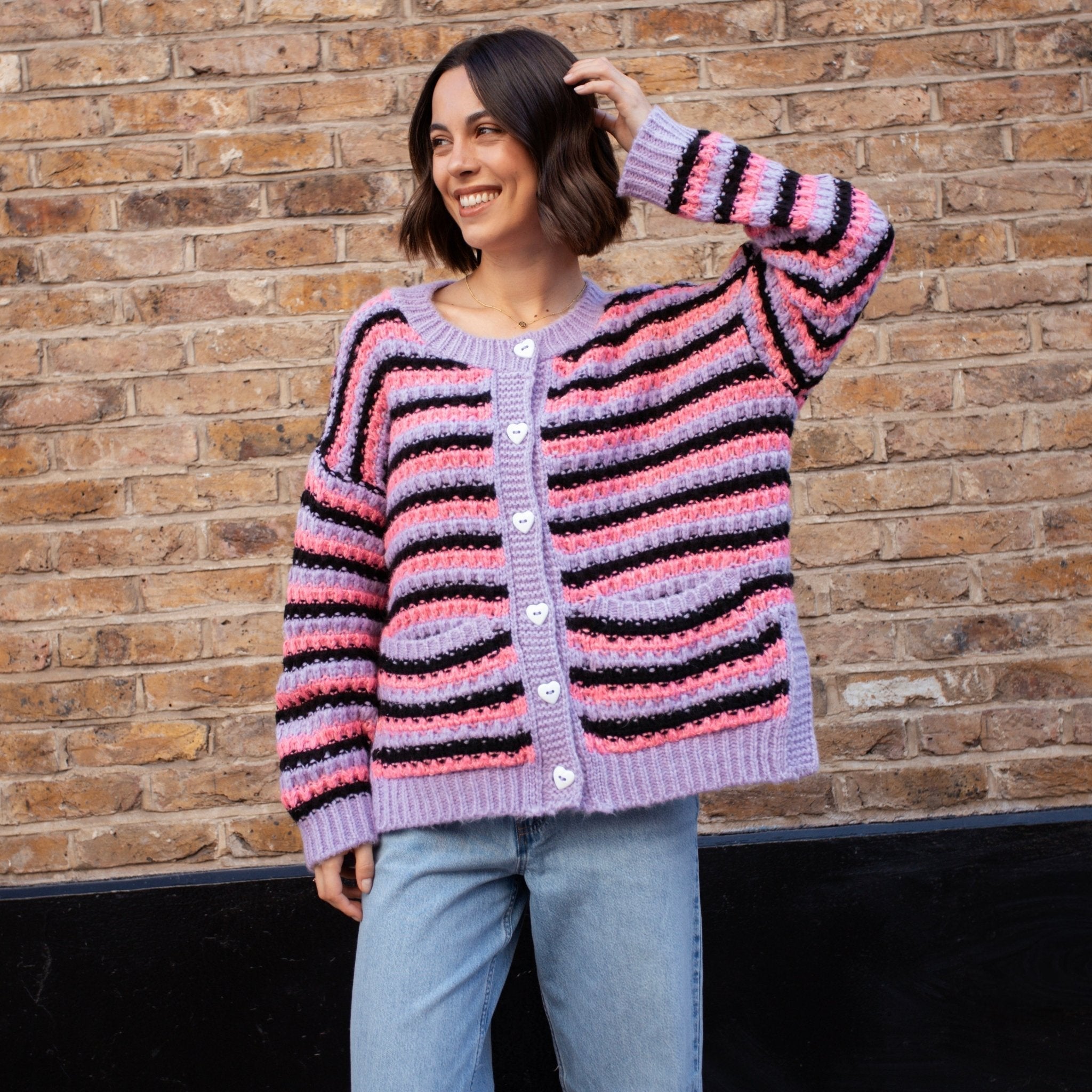 Bernice Stripe Cross Stitch Cardigan - Lilac