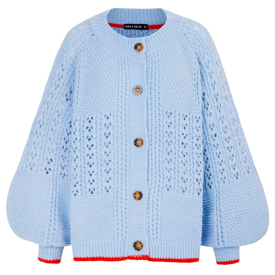 Brigit Pointelle Stitch Balloon Sleeve Cardigan - Blue
