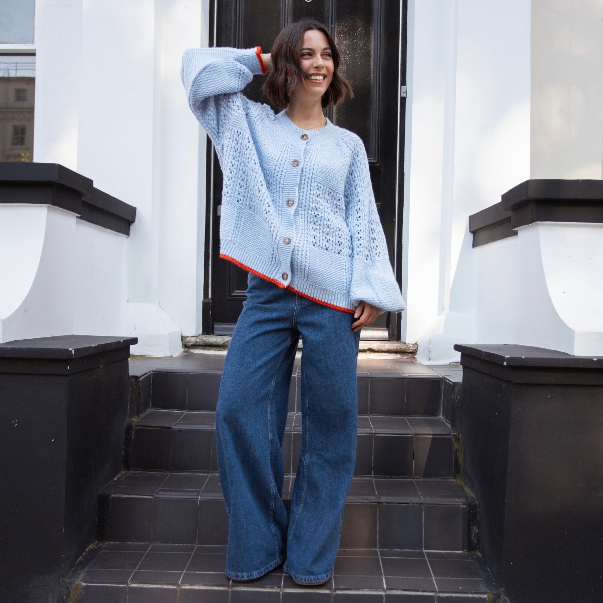 Brigit Pointelle Stitch Balloon Sleeve Cardigan - Blue