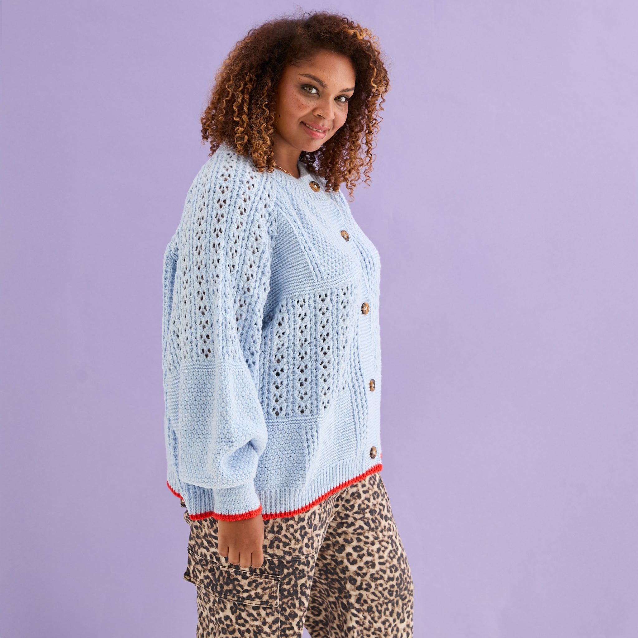 Brigit Pointelle Stitch Balloon Sleeve Cardigan - Blue