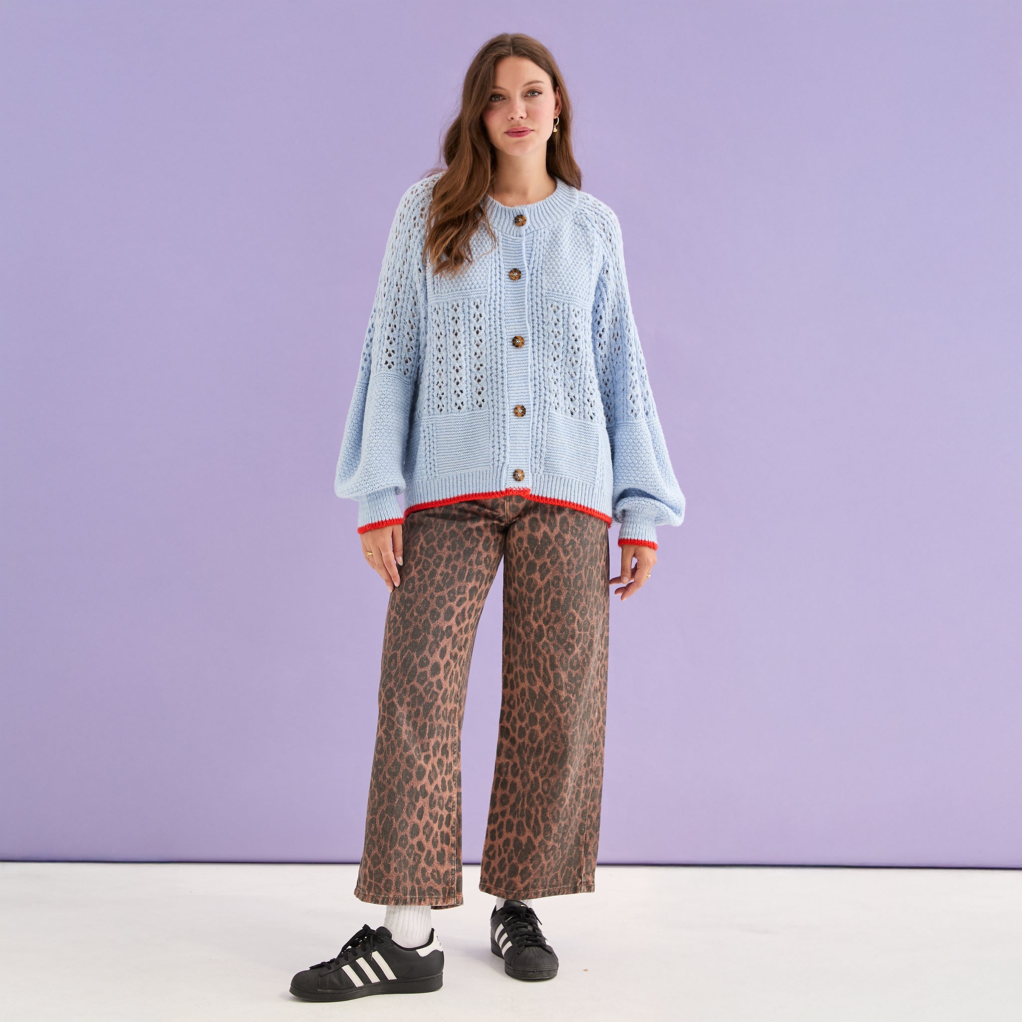 Brigit Pointelle Stitch Balloon Sleeve Cardigan - Blue