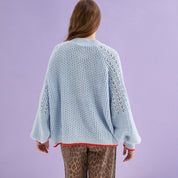 Brigit Pointelle Stitch Balloon Sleeve Cardigan - Blue