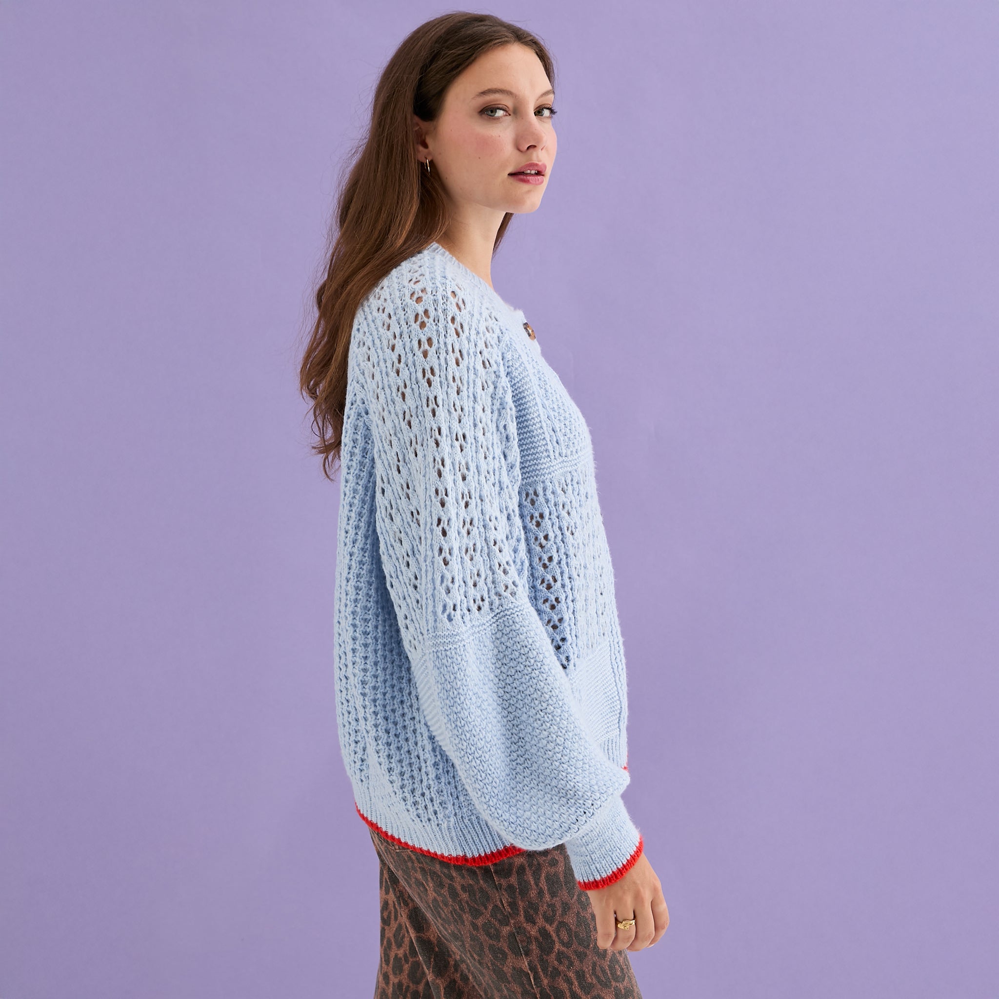 Brigit Pointelle Stitch Balloon Sleeve Cardigan - Blue