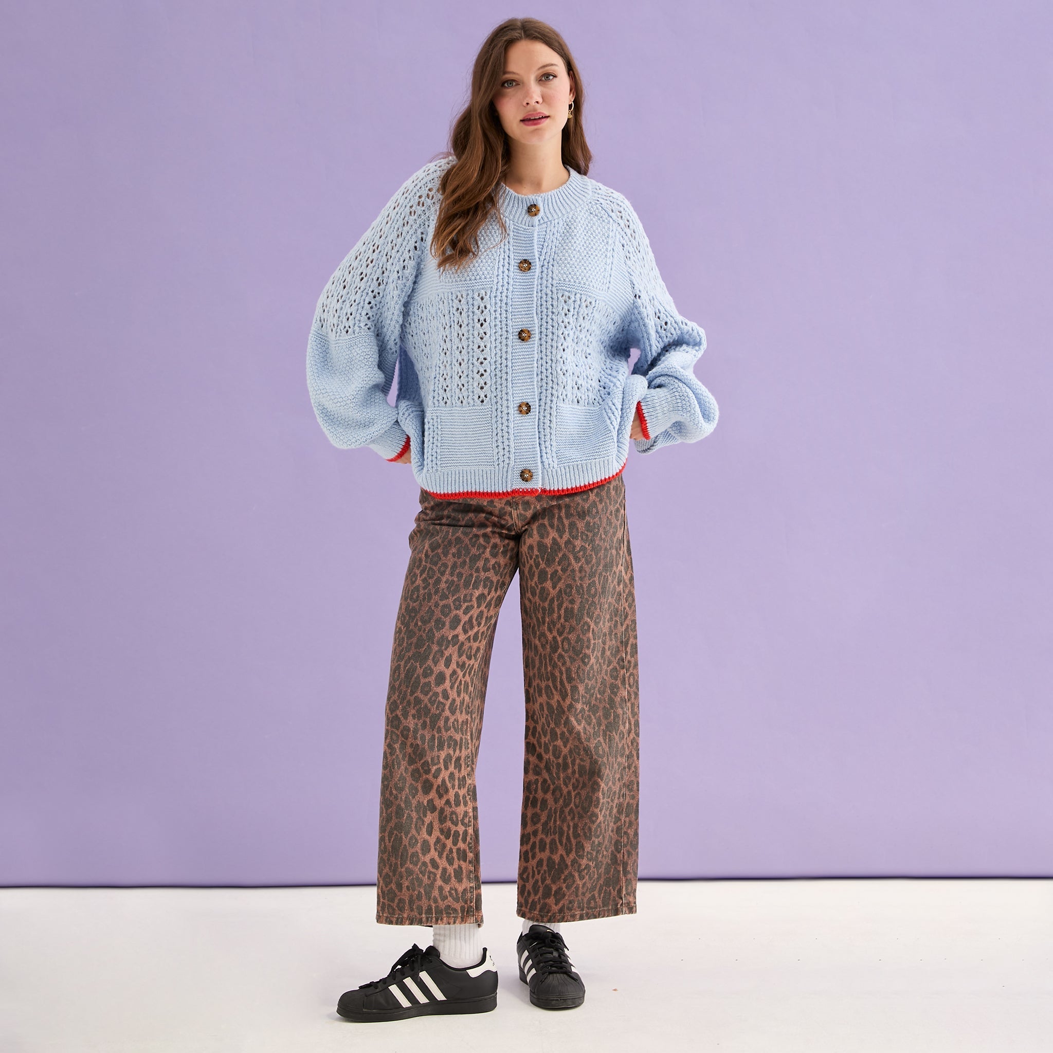 Brigit Pointelle Stitch Balloon Sleeve Cardigan - Blue