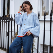 Brigit Pointelle Stitch Balloon Sleeve Cardigan - Blue