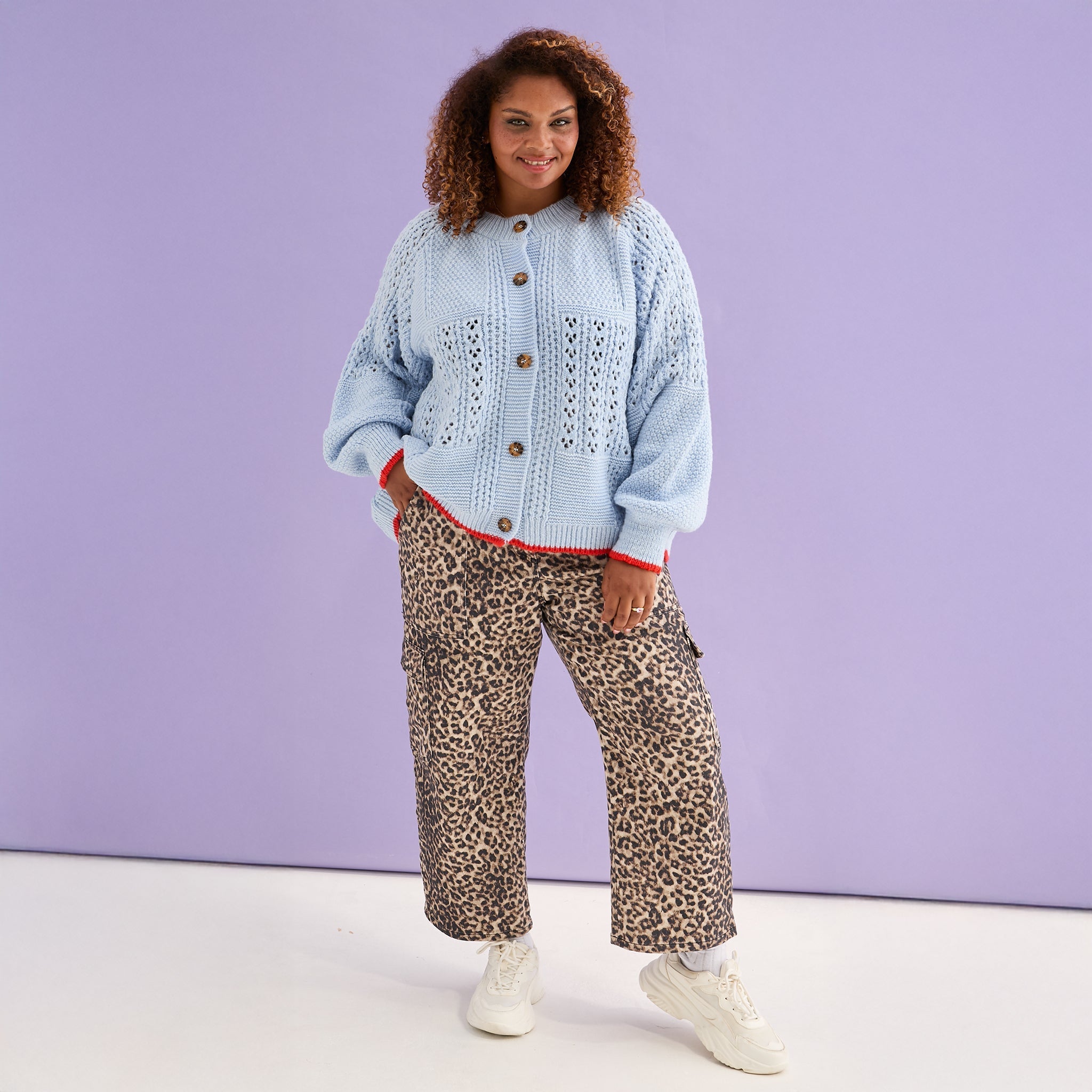 Brigit Pointelle Stitch Balloon Sleeve Cardigan - Blue