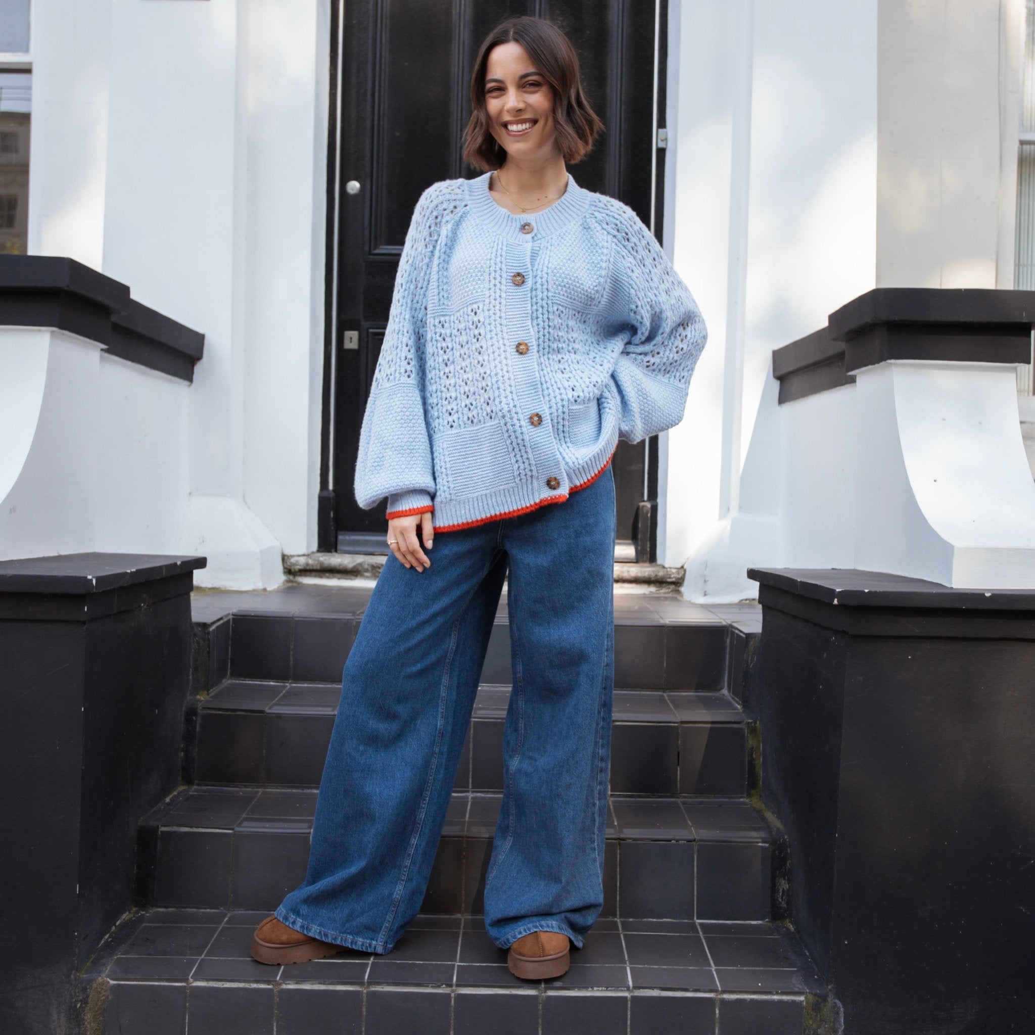 Brigit Pointelle Stitch Balloon Sleeve Cardigan - Blue