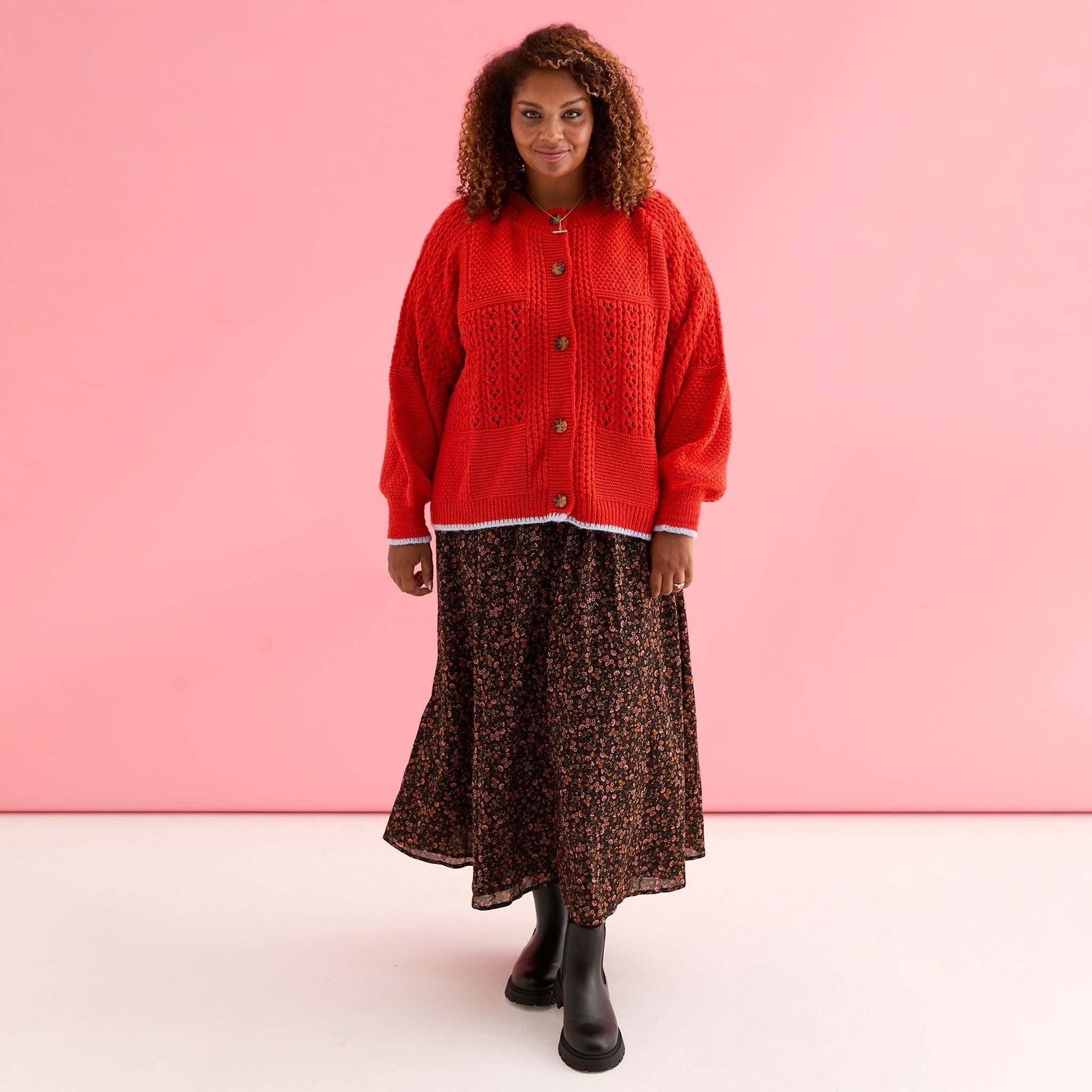 Brigit Pointelle Stitch Balloon Sleeve Cardigan - Orange