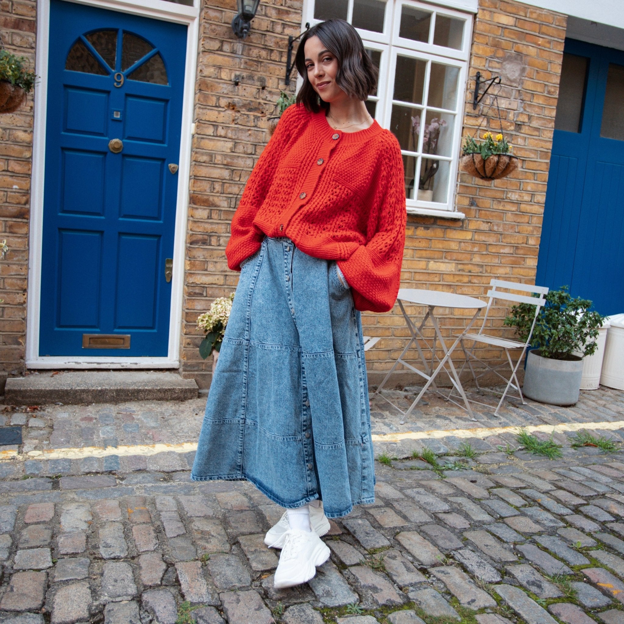 Brigit Pointelle Stitch Balloon Sleeve Cardigan - Orange