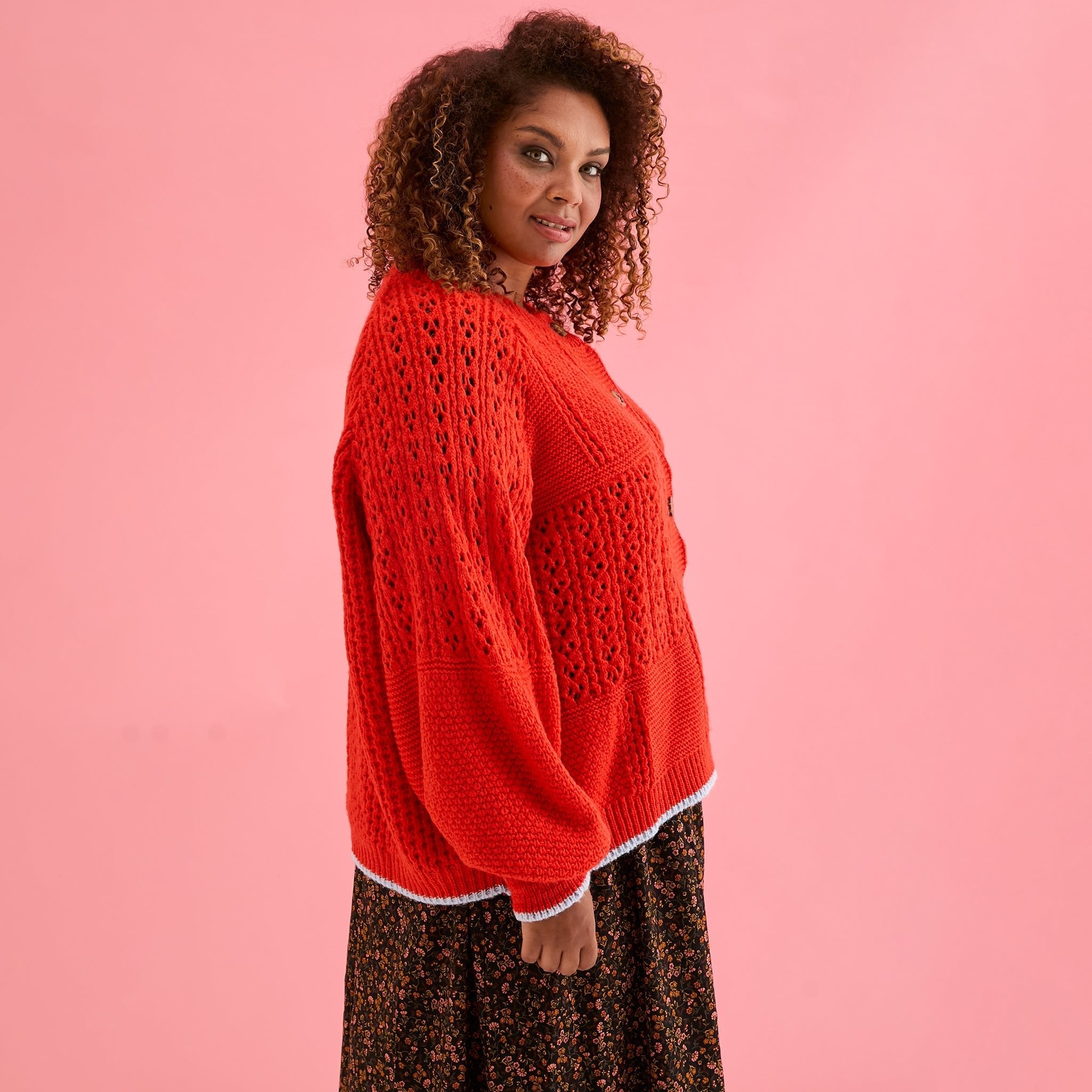 Brigit Pointelle Stitch Balloon Sleeve Cardigan - Orange
