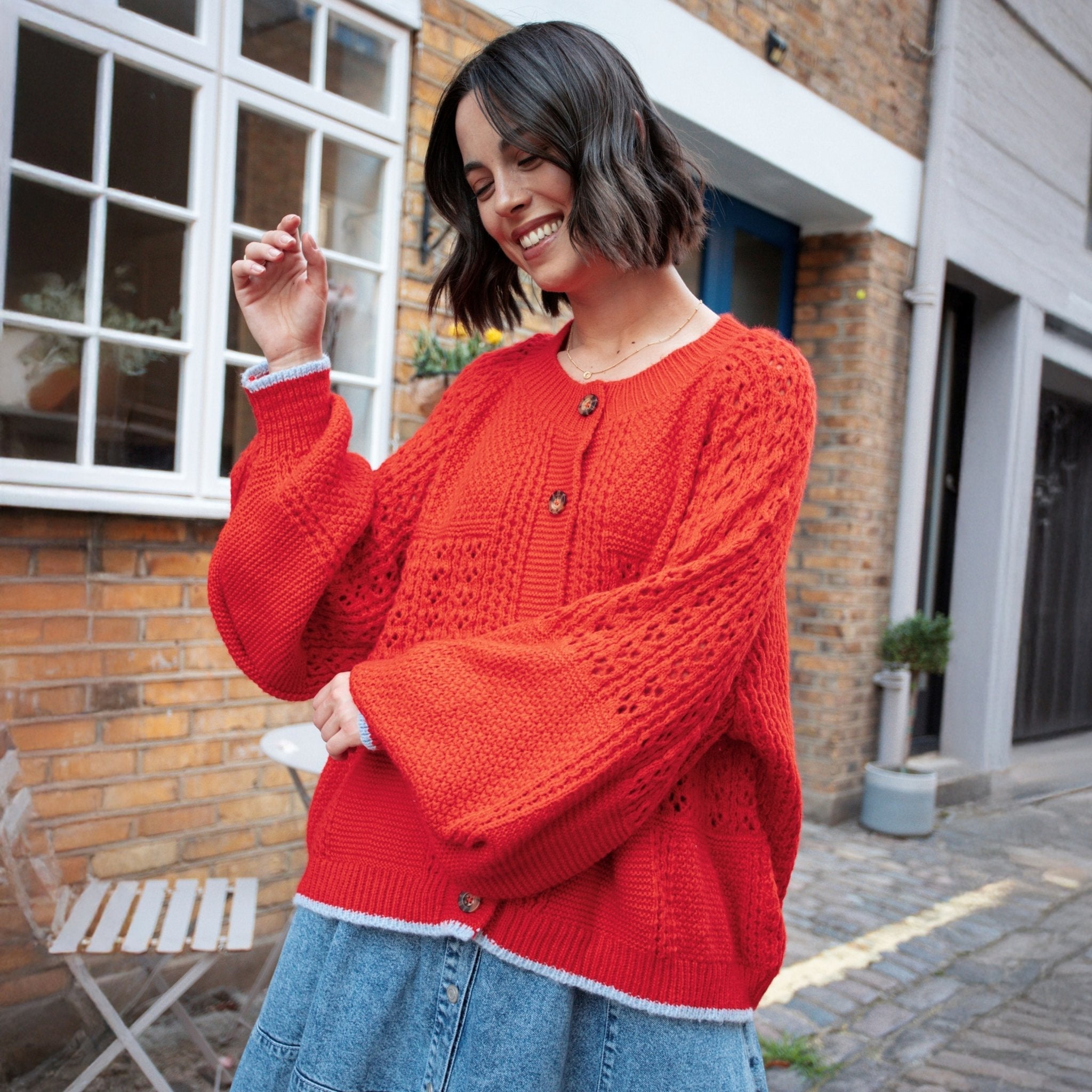 Brigit Pointelle Stitch Balloon Sleeve Cardigan - Orange