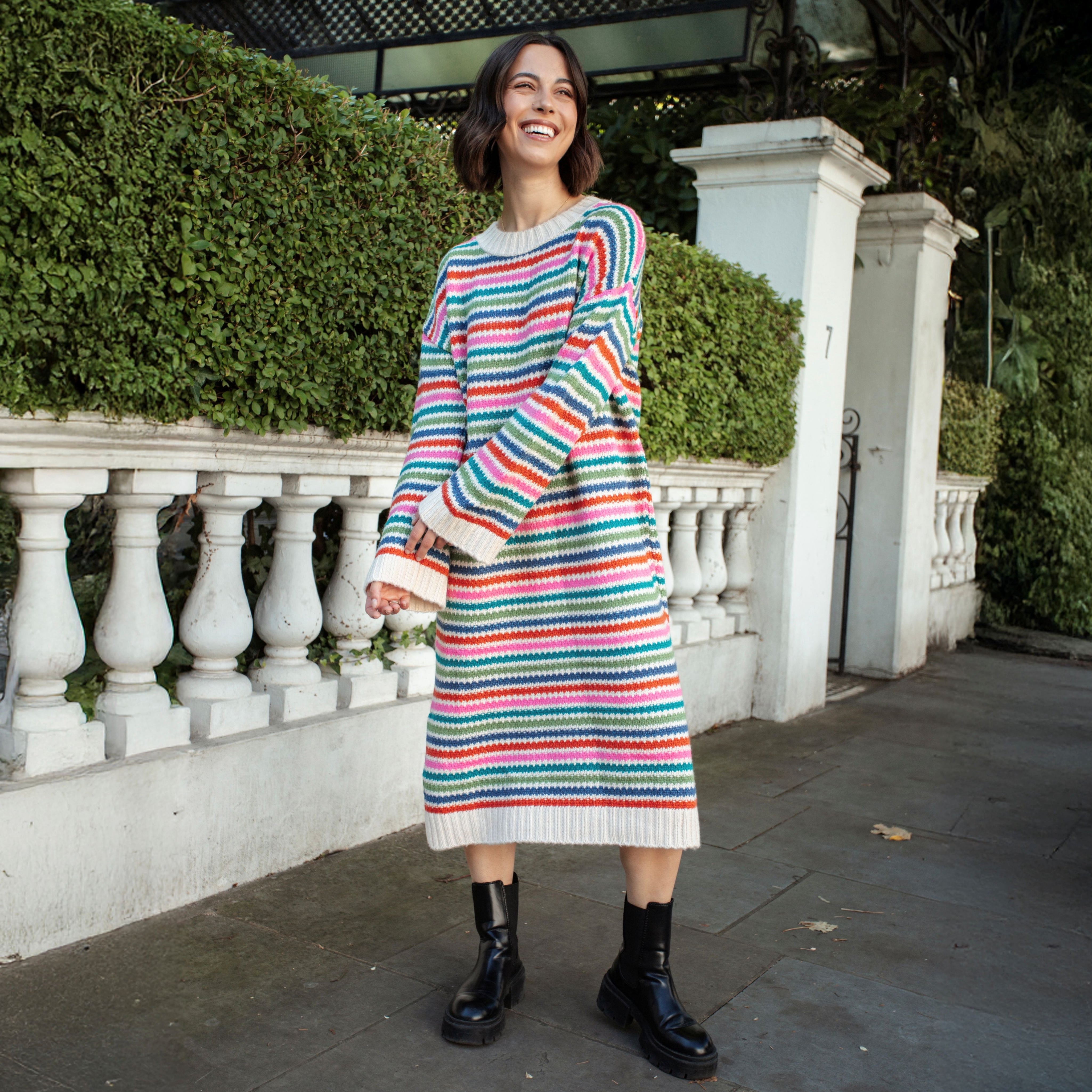 Becca Rainbow Stripe Knitted Midi Dress - Rainbow
