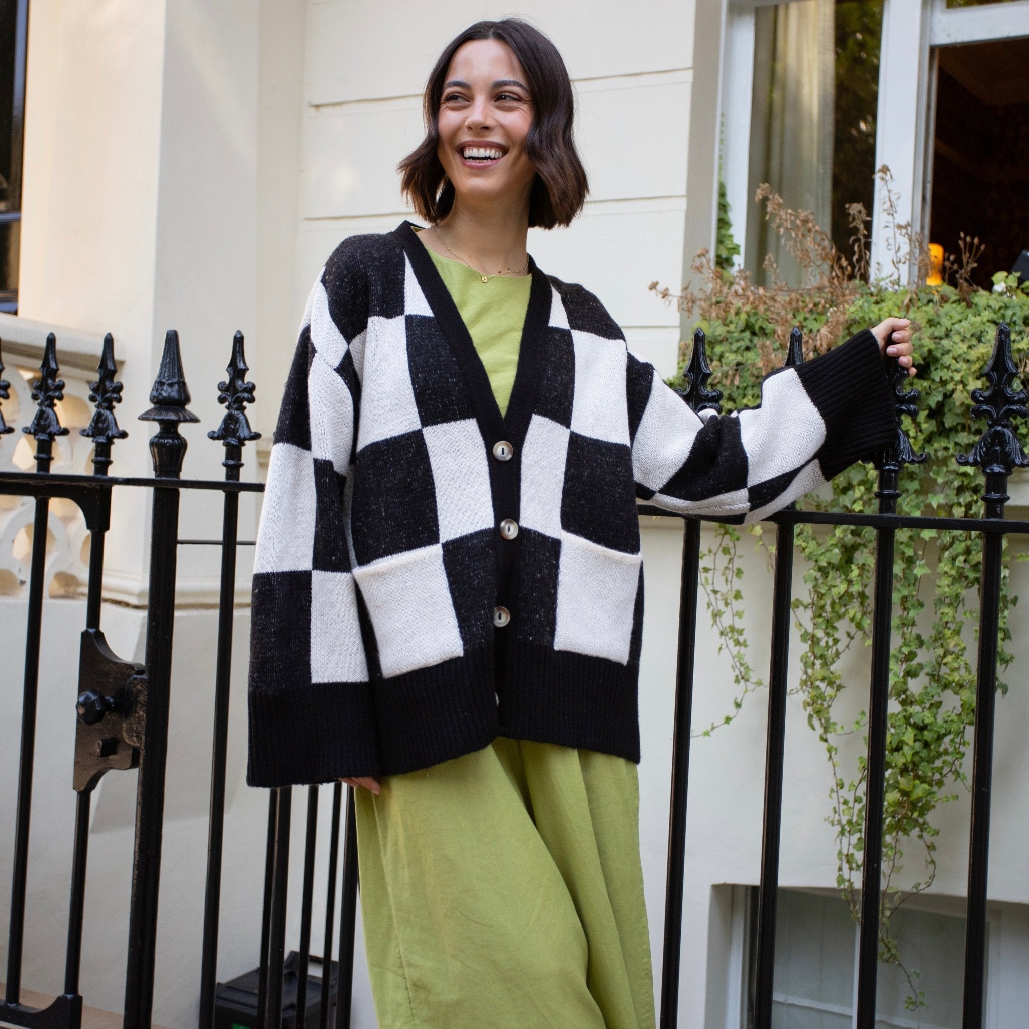 Candice Checked Oversized Chunky Cardigan - Black & White