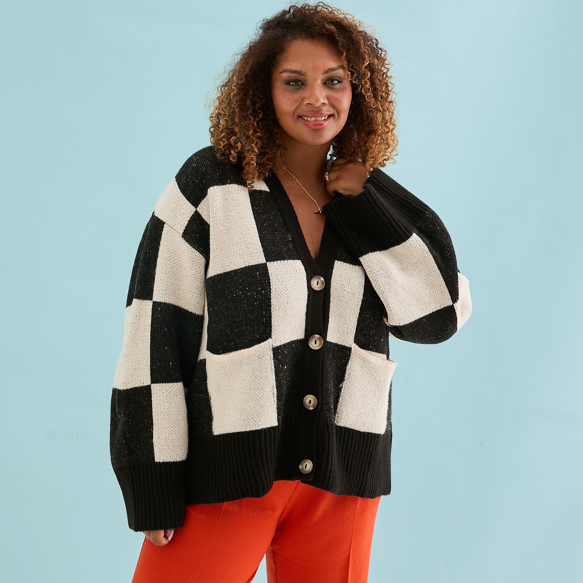 Candice Checked Oversized Chunky Cardigan - Black & White