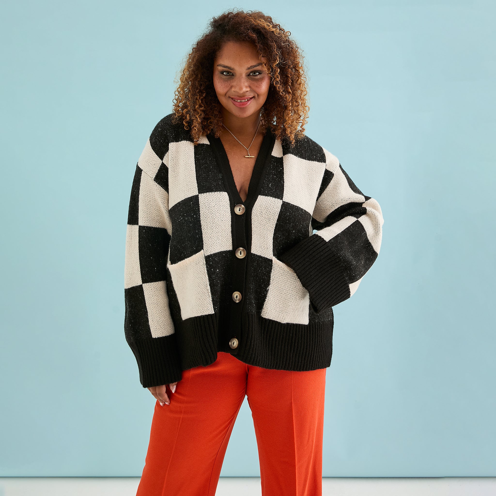 Candice Checked Oversized Chunky Cardigan - Black & White