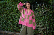 Candice Wide Sleeve Checked Button Cardigan - Pink & Green