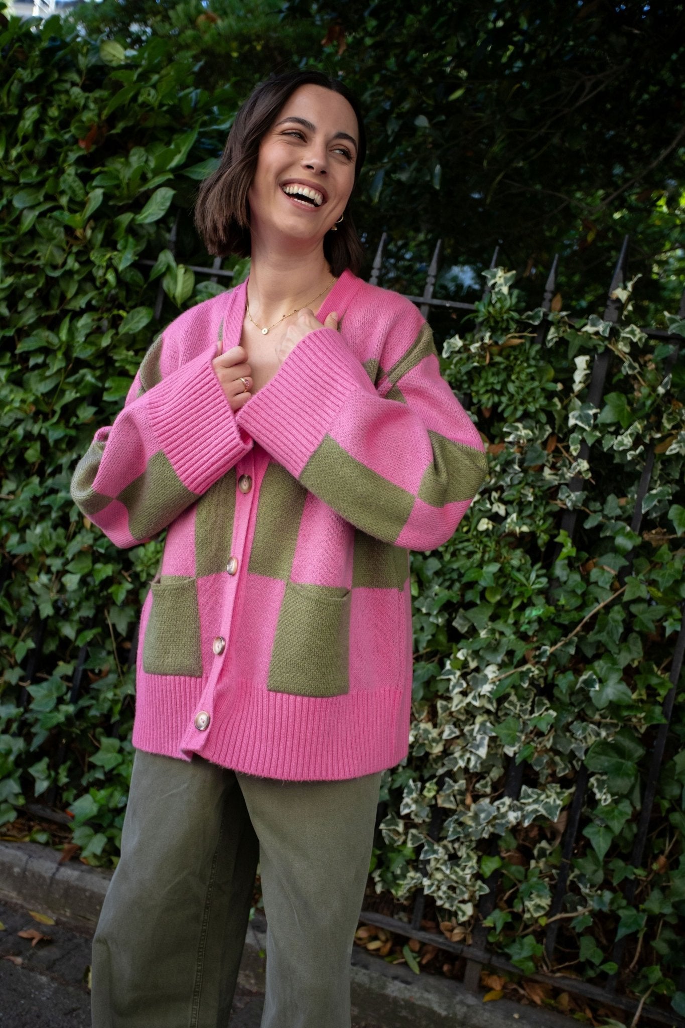 Candice Wide Sleeve Checked Button Cardigan - Pink & Green