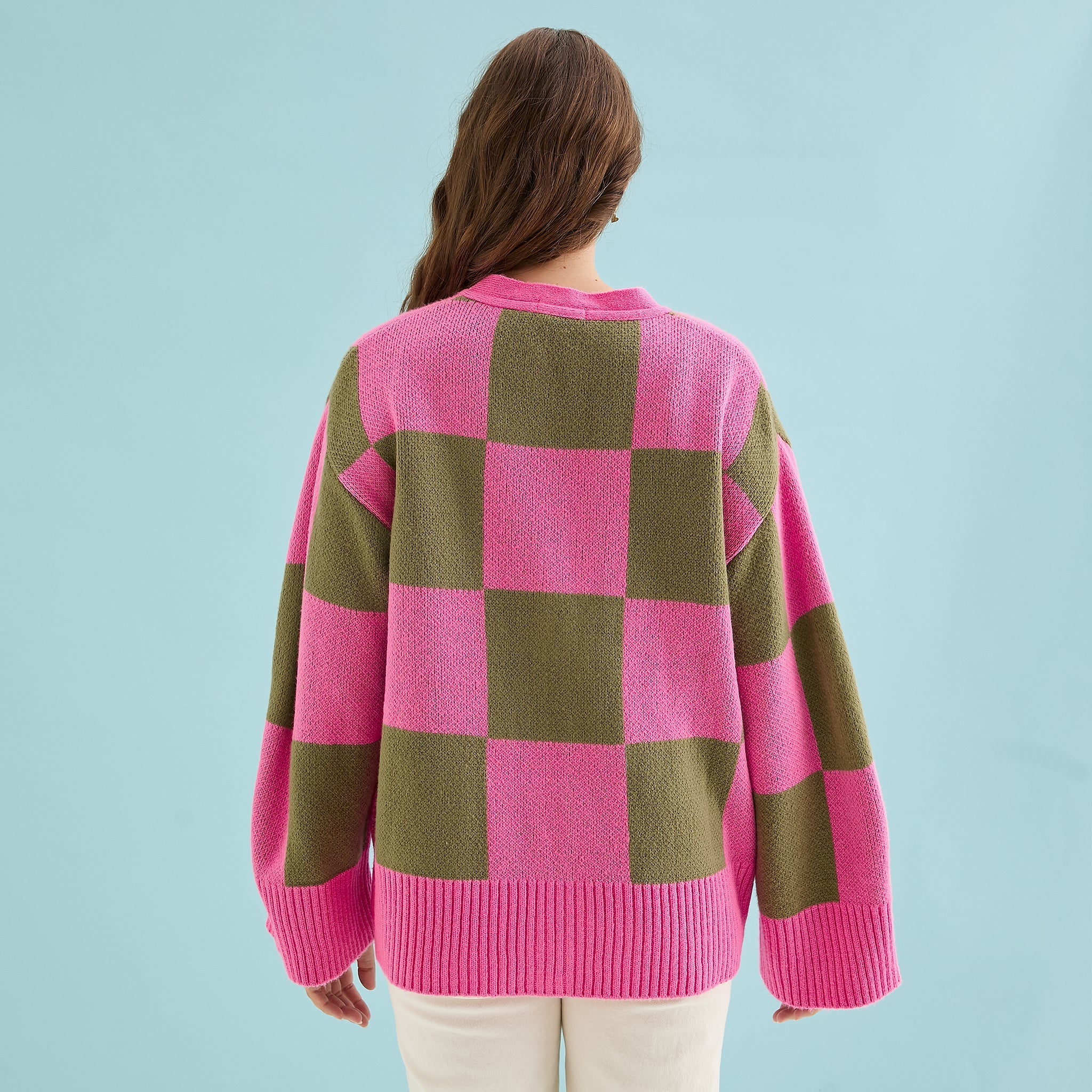 Candice Wide Sleeve Checked Button Cardigan - Pink & Green