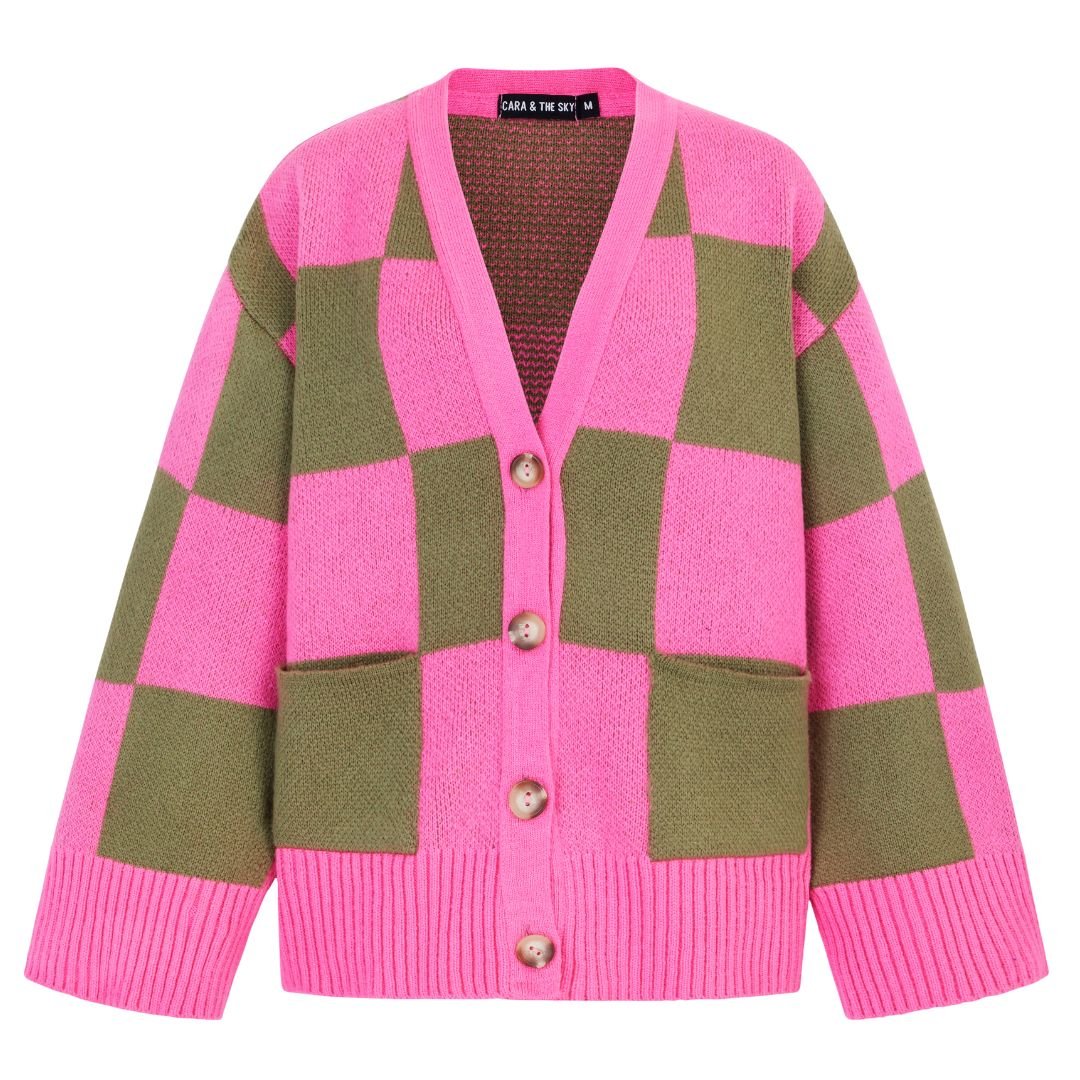 Candice Wide Sleeve Checked Button Cardigan - Pink & Green