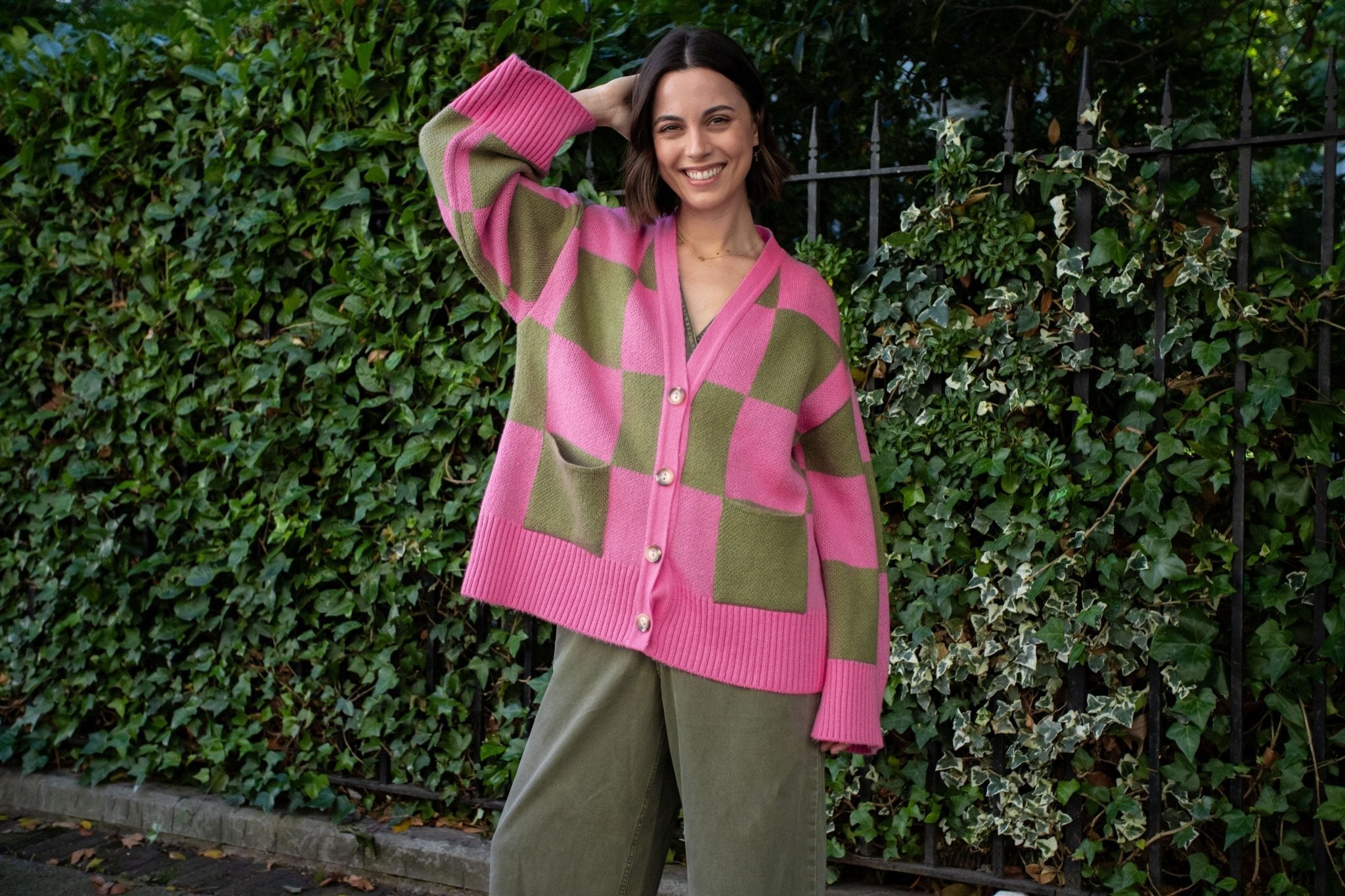 Candice Wide Sleeve Checked Button Cardigan - Pink & Green