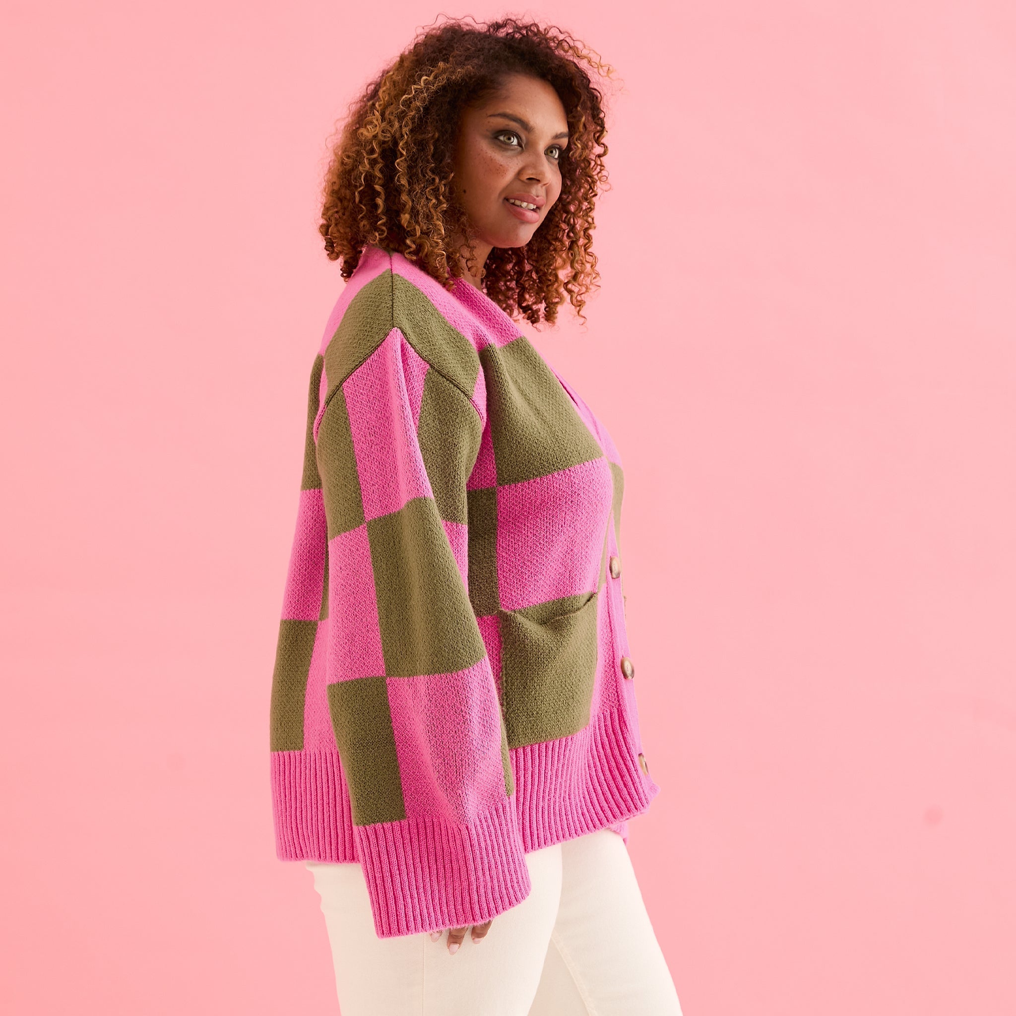 Candice Wide Sleeve Checked Button Cardigan - Pink & Green