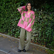 Candice Wide Sleeve Checked Button Cardigan - Pink & Green