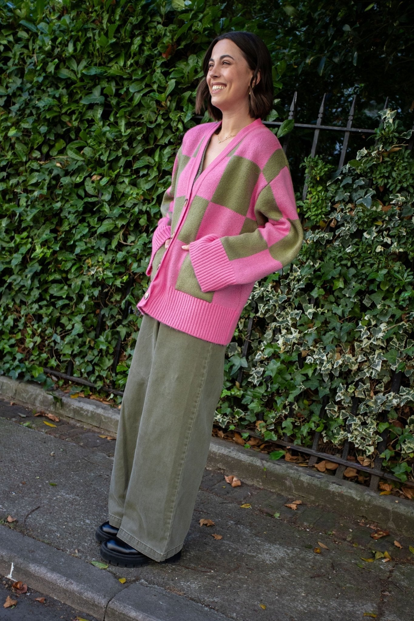 Candice Wide Sleeve Checked Button Cardigan - Pink & Green