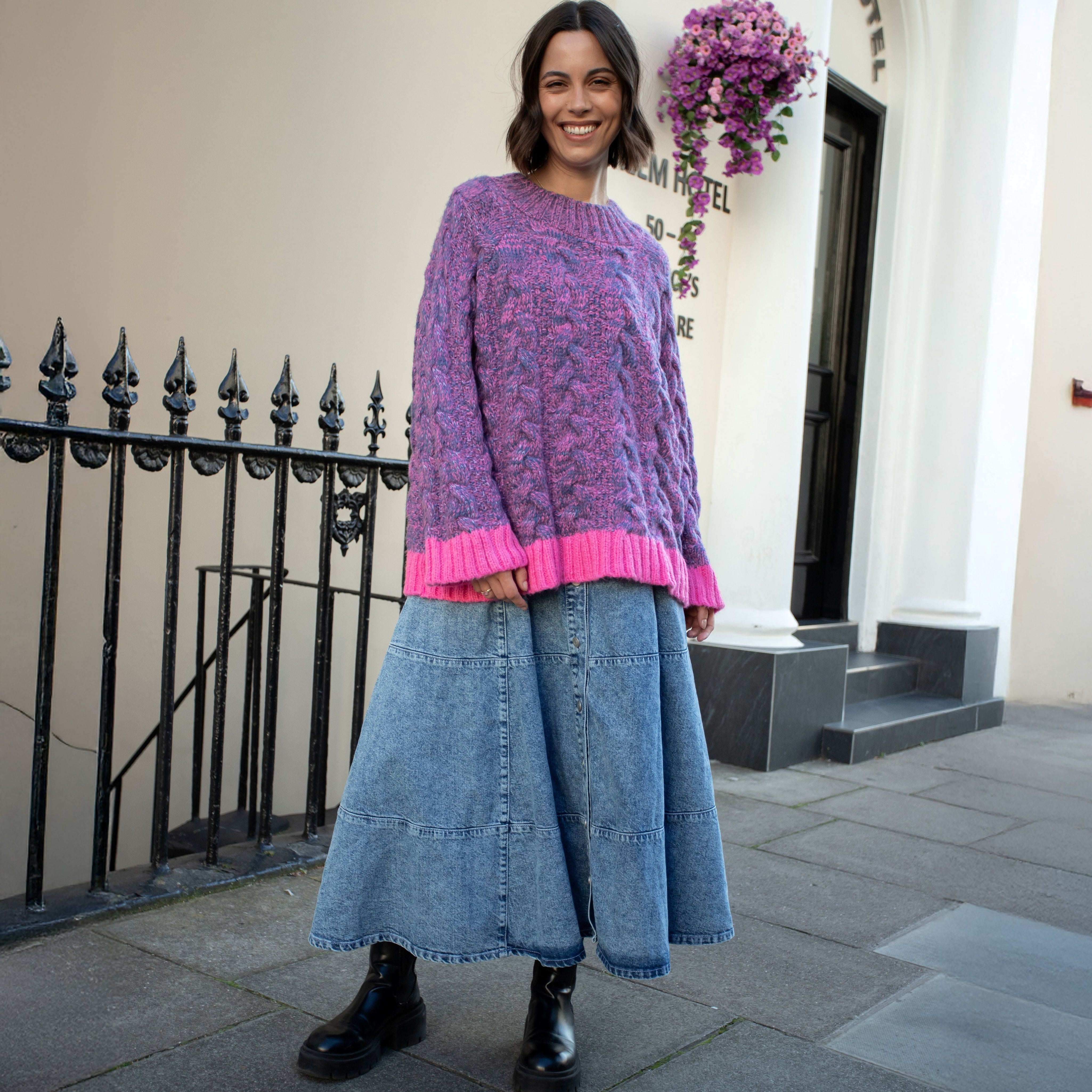 Jennie Cable High Neck Balloon Sleeve Jumper - Denim