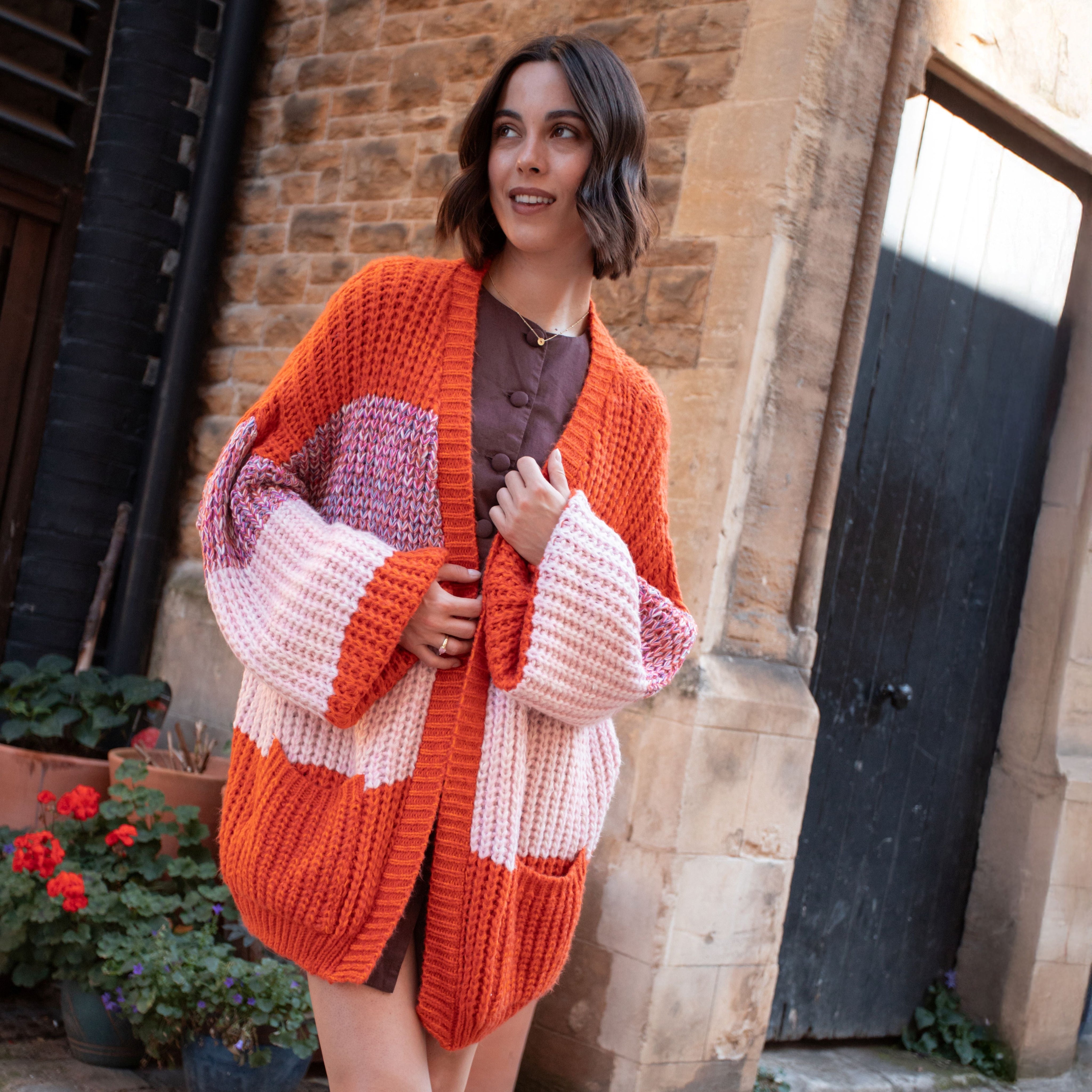 Janie Oversized Chunky Stripe Cardigan - Orange
