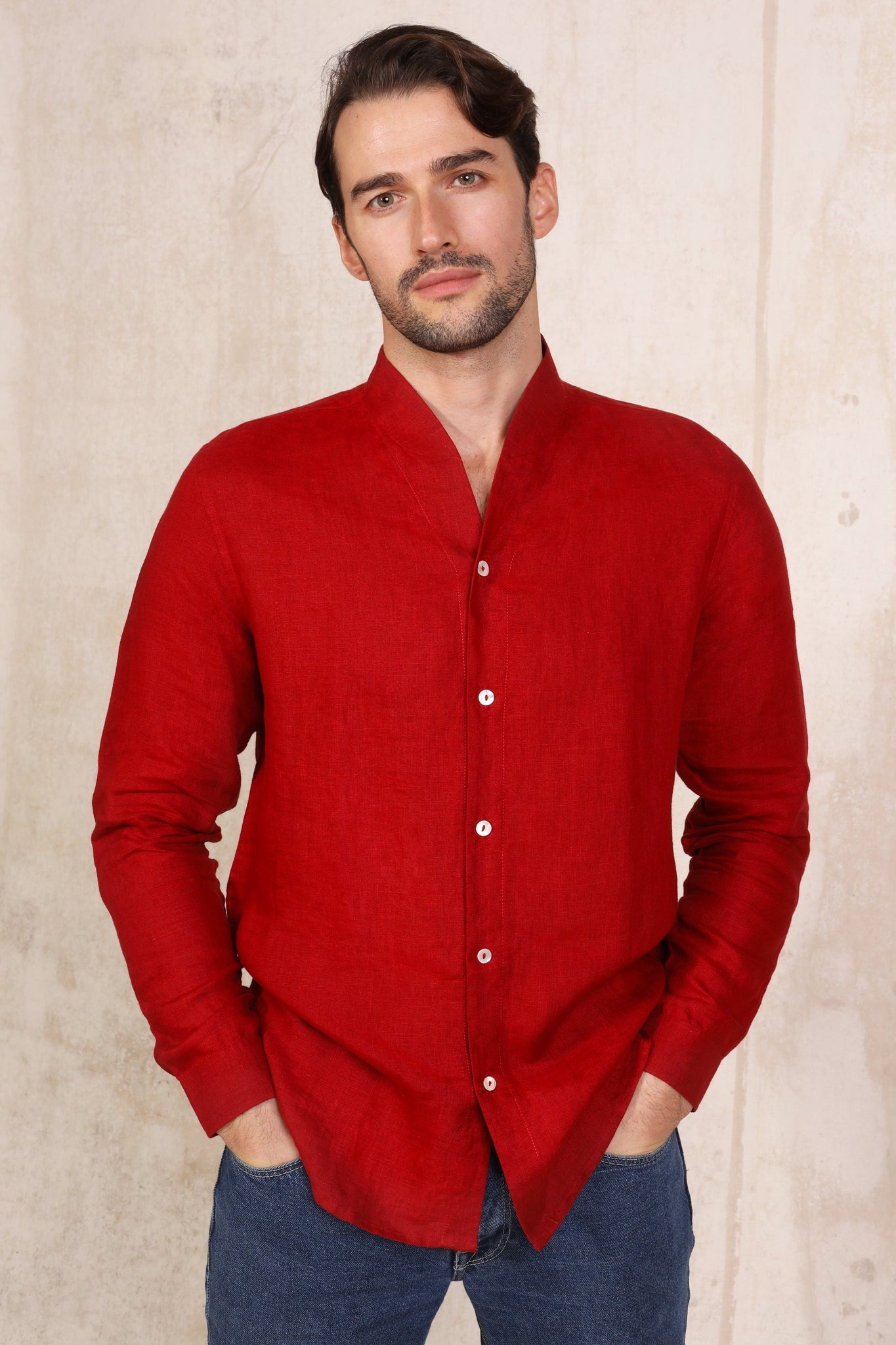 Dark Red - Coral Linen Shirt