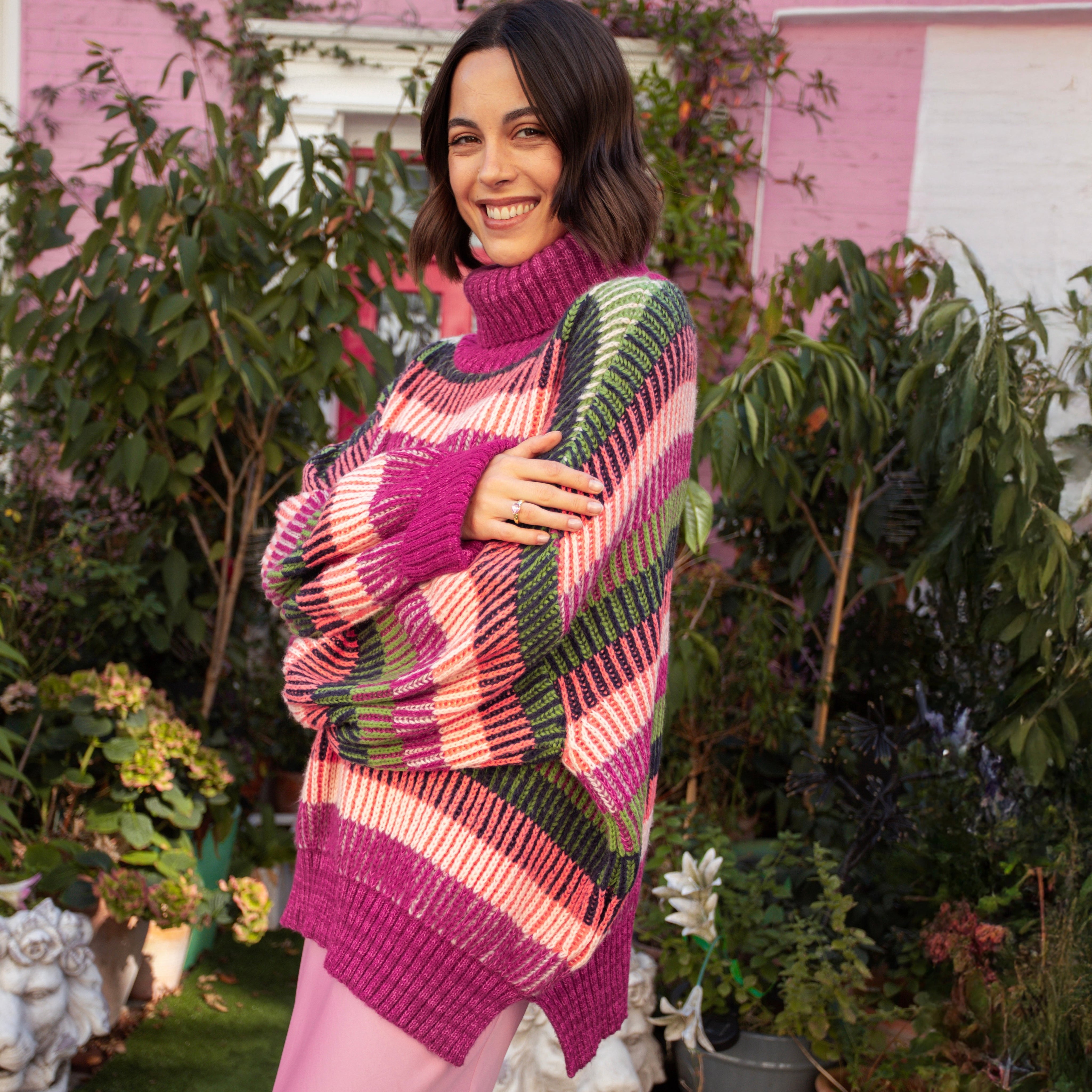 Tasha Oversized Balloon Sleeve Stripe Roll Neck Jumper - Purple