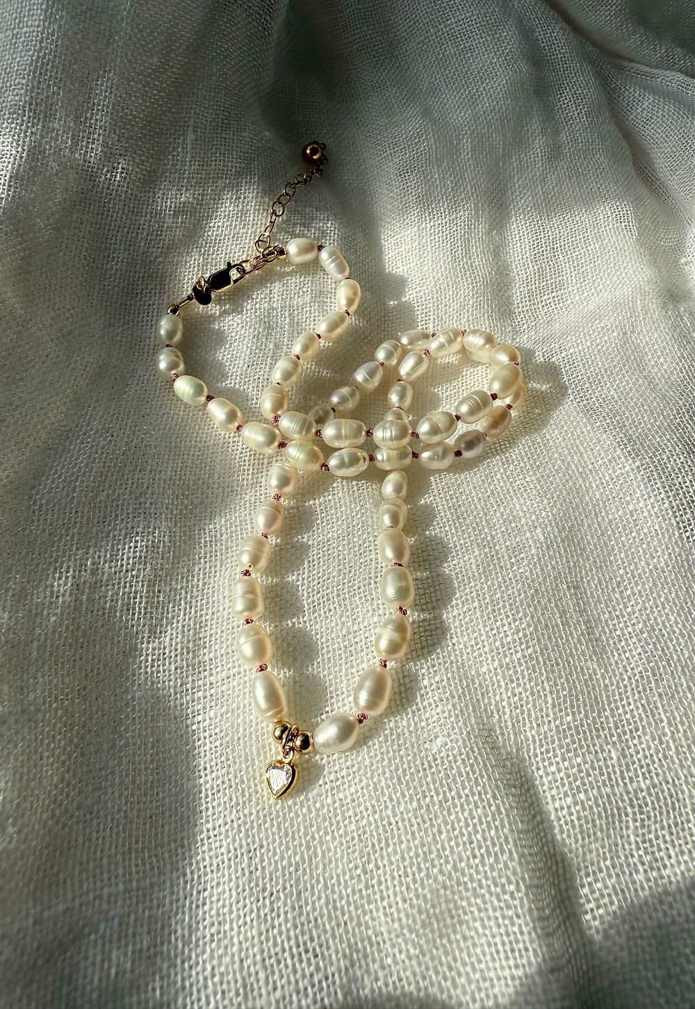 Heart & Pink Silk Pearl Necklace