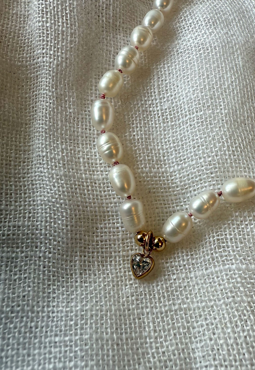 Heart & Pink Silk Pearl Necklace