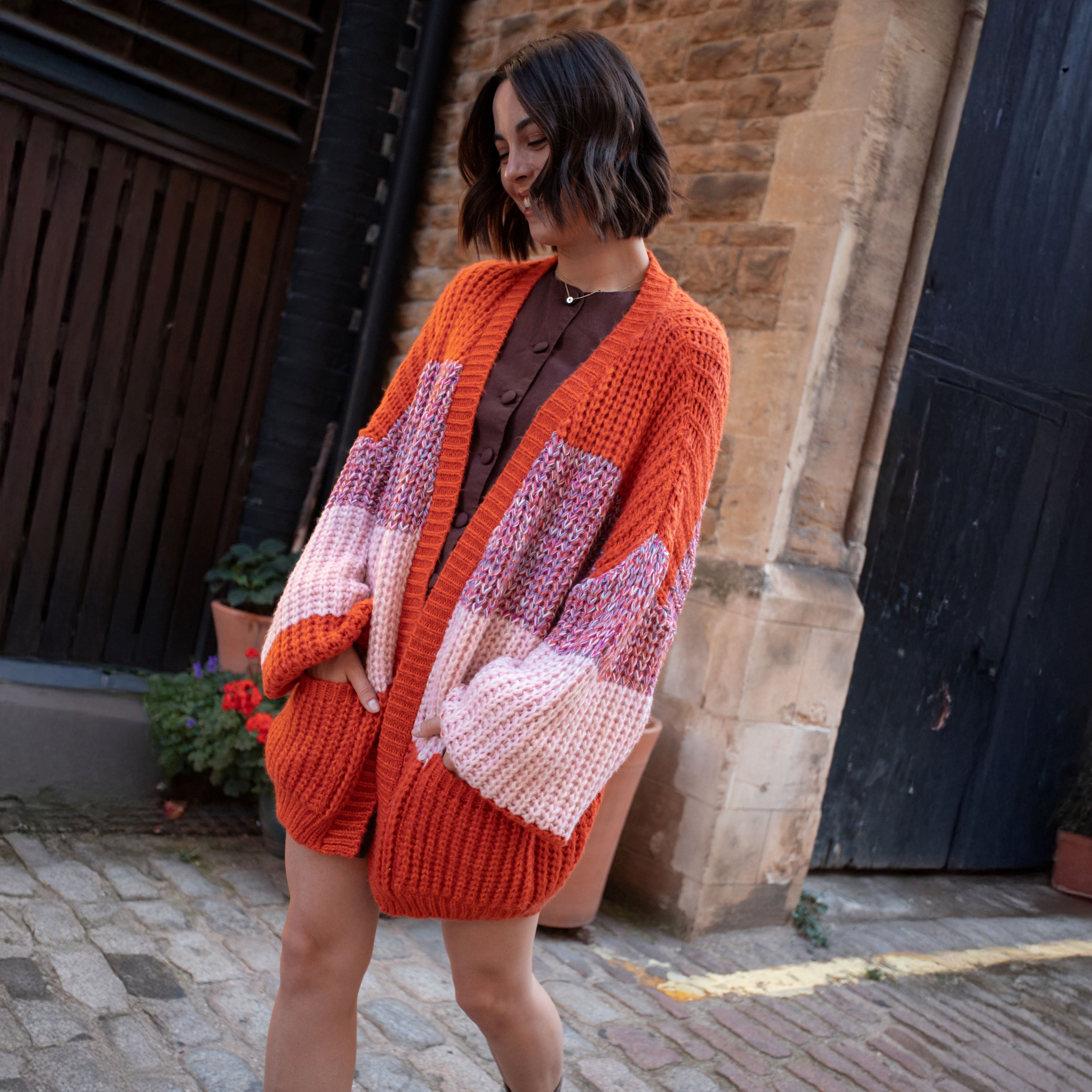 Janie Oversized Chunky Stripe Cardigan - Orange