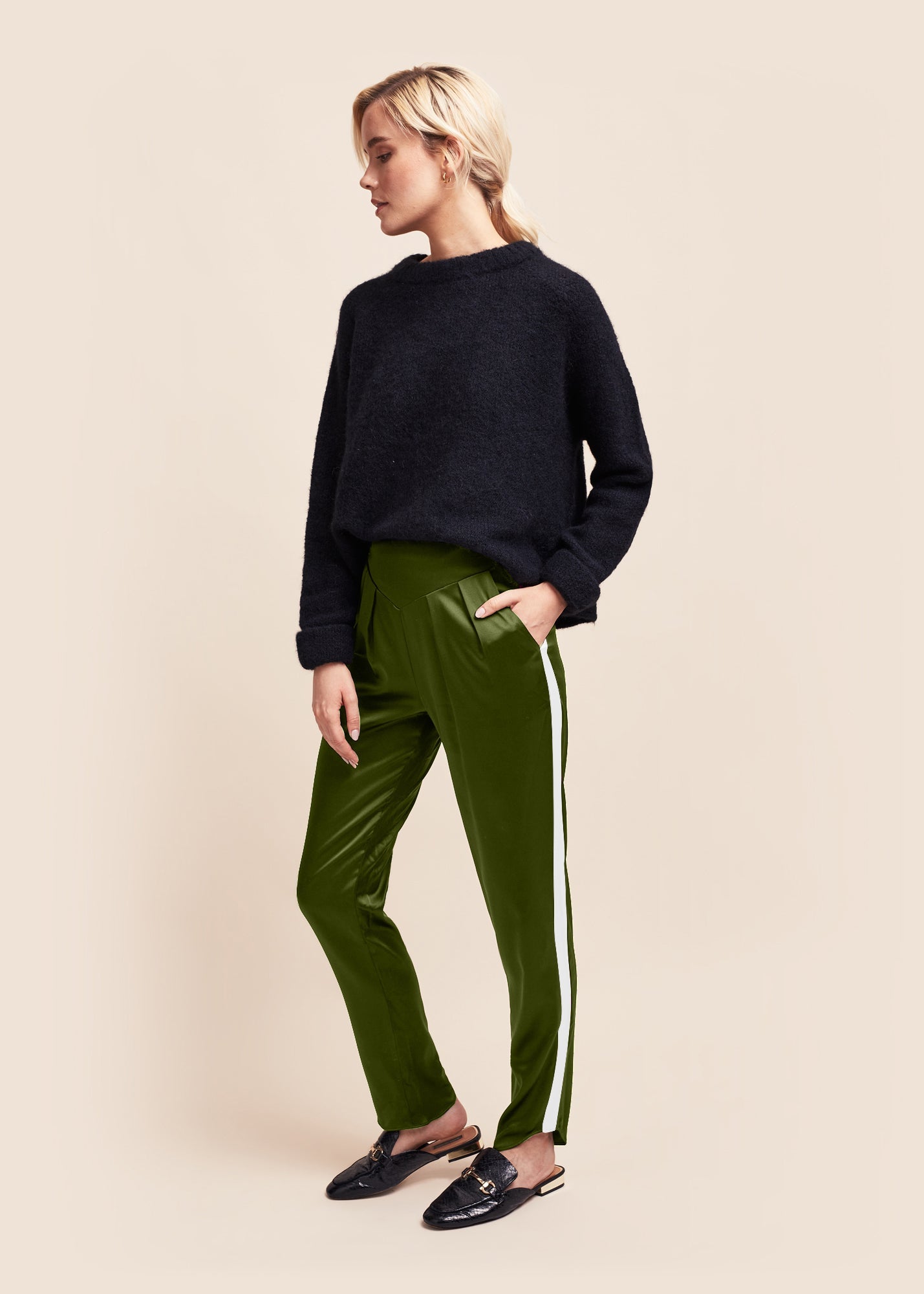 Estella Matcha Ivory Silk Trousers