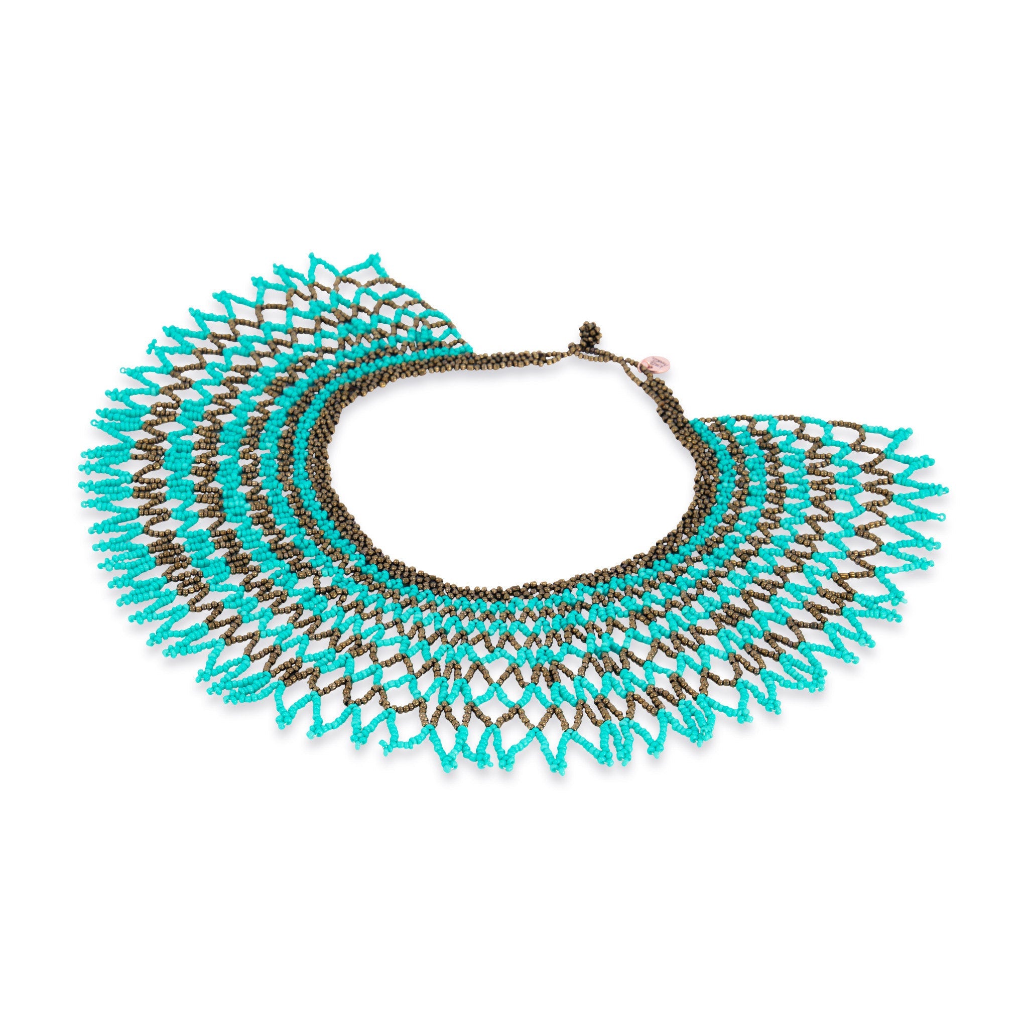 Beaded Collar Necklace - Aqua/Bronze Stripe