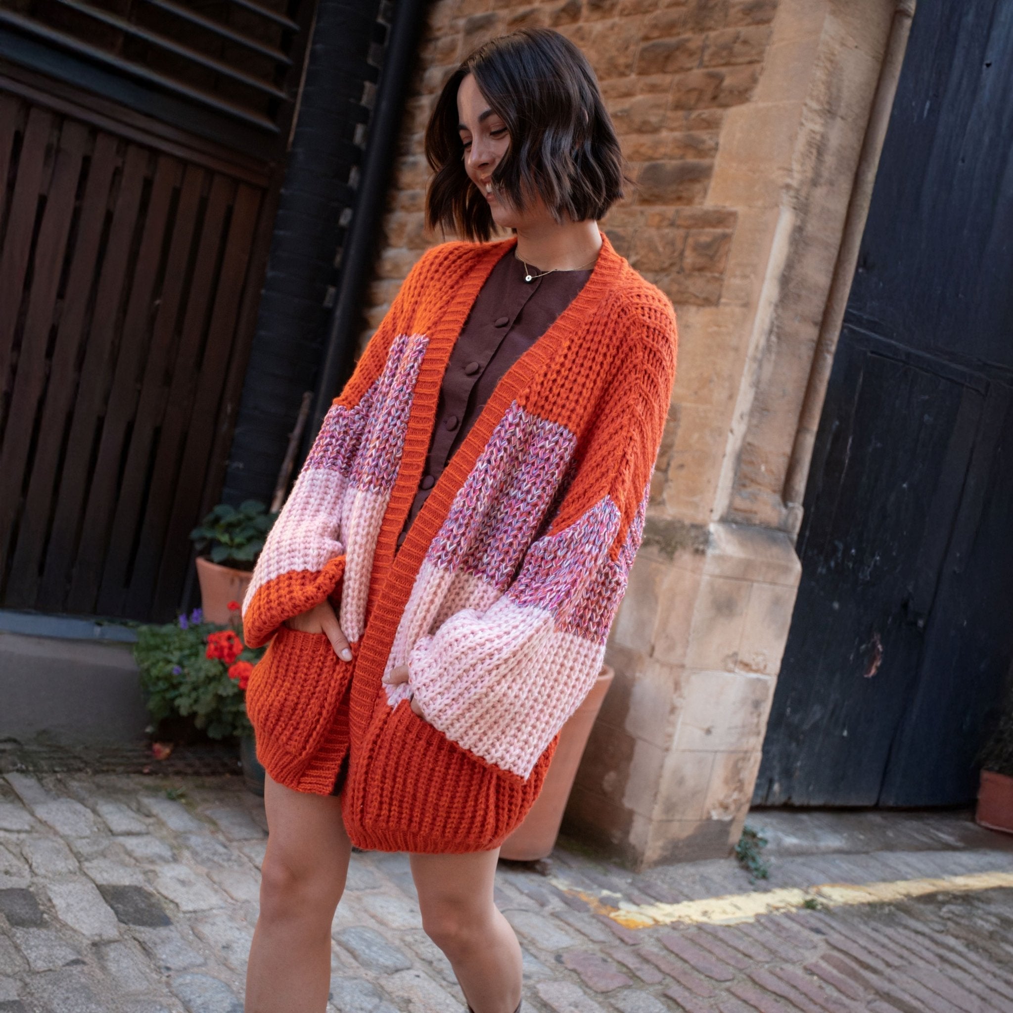 Janie Oversized Chunky Stripe Cardigan - Orange