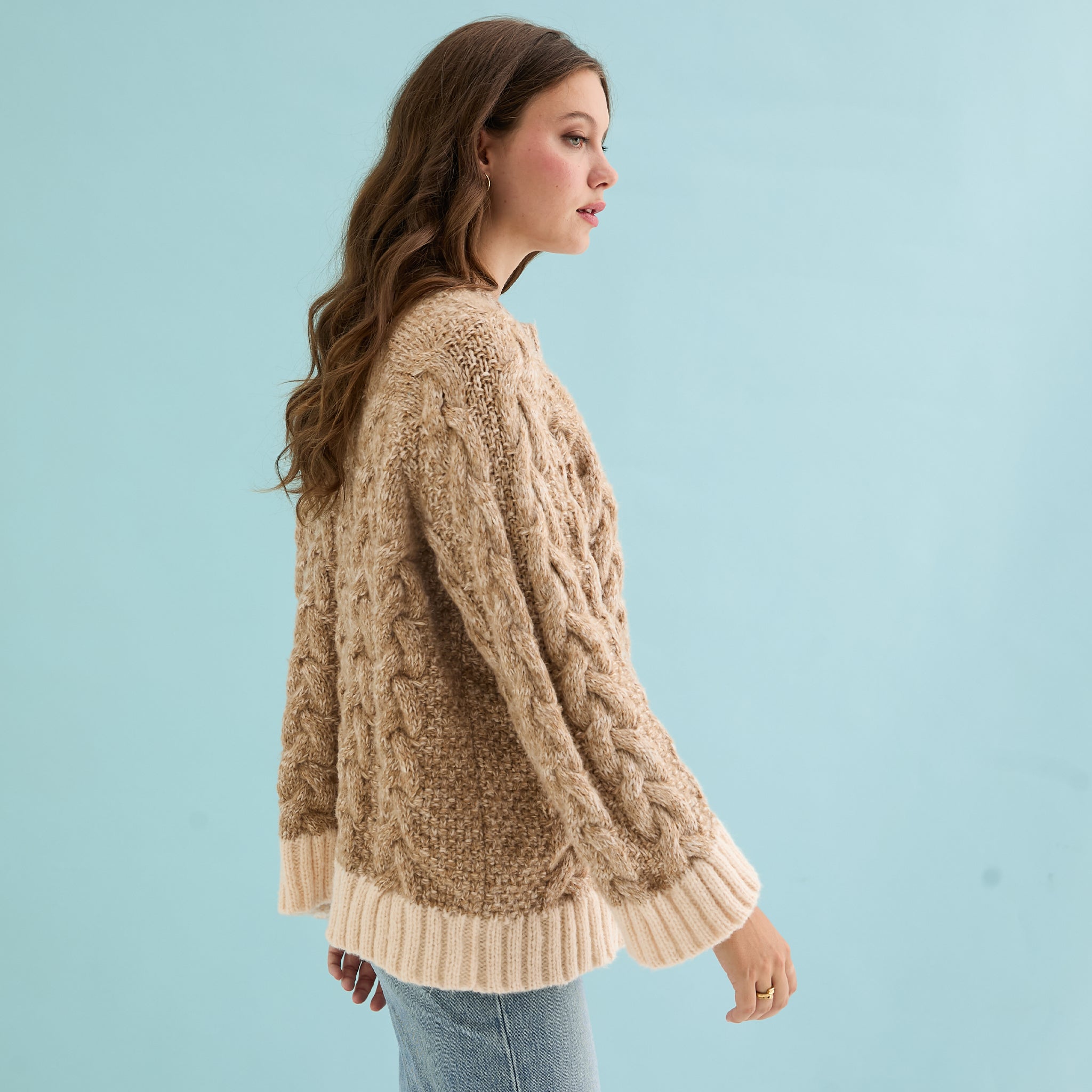 Jennie Cable High Neck Balloon Sleeve Jumper - Beige