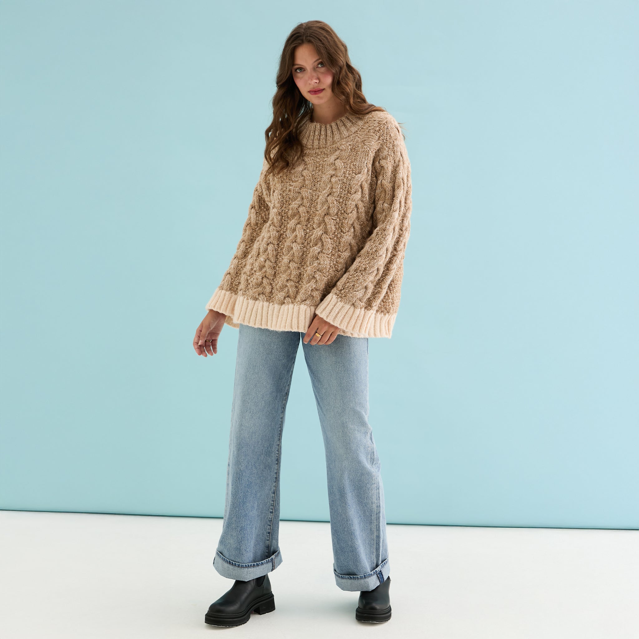 Jennie Cable High Neck Balloon Sleeve Jumper - Beige