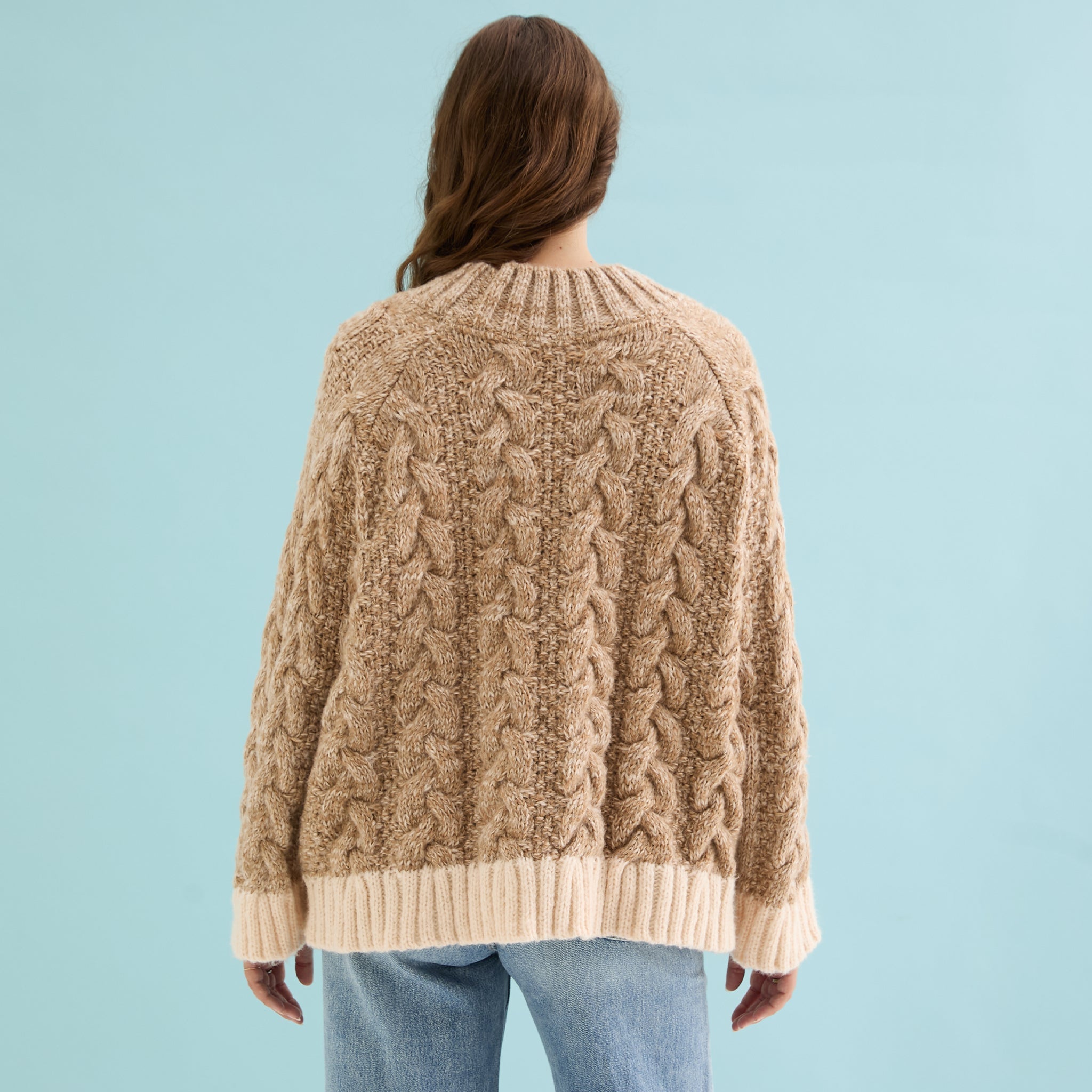 Jennie Cable High Neck Balloon Sleeve Jumper - Beige