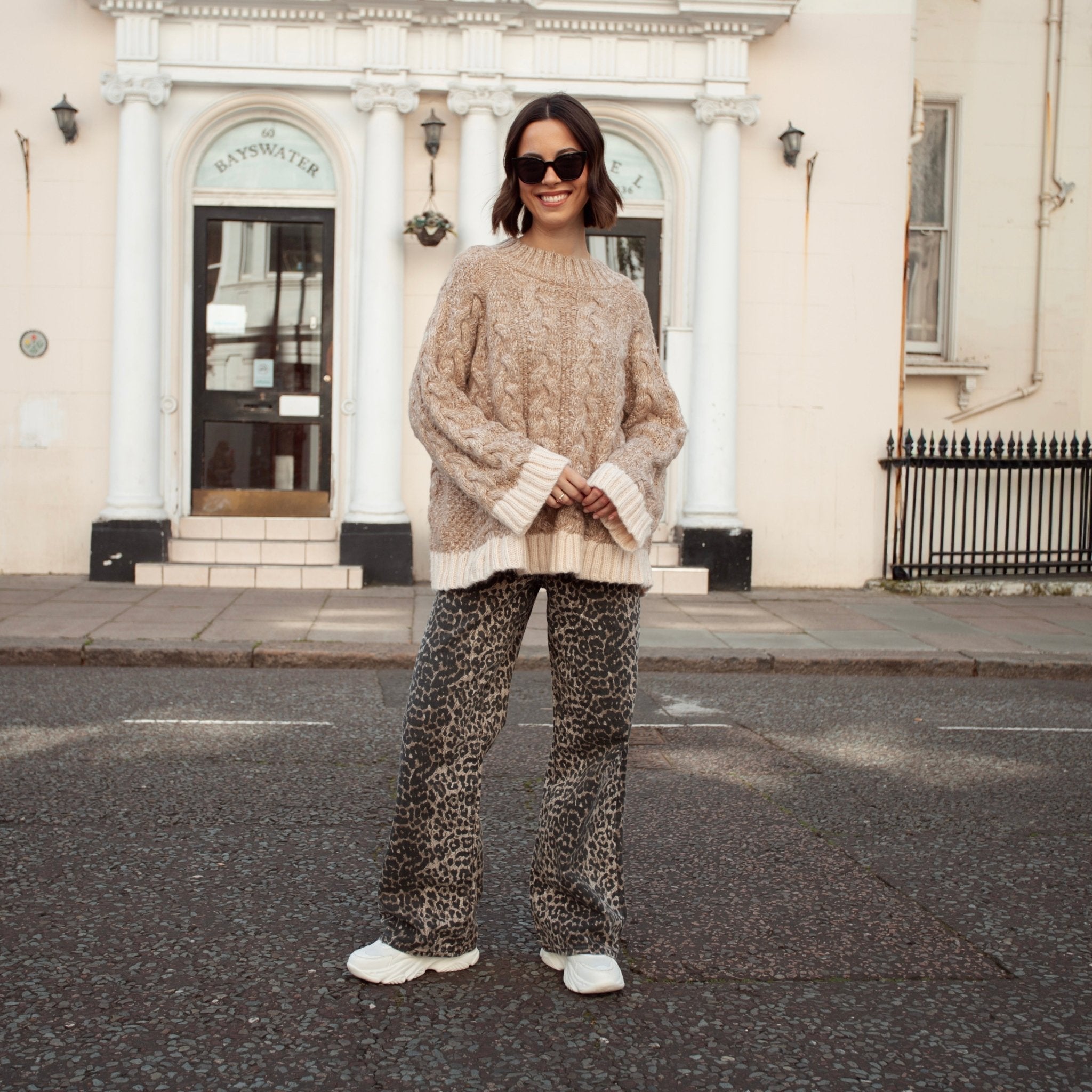 Jennie Cable High Neck Balloon Sleeve Jumper - Beige