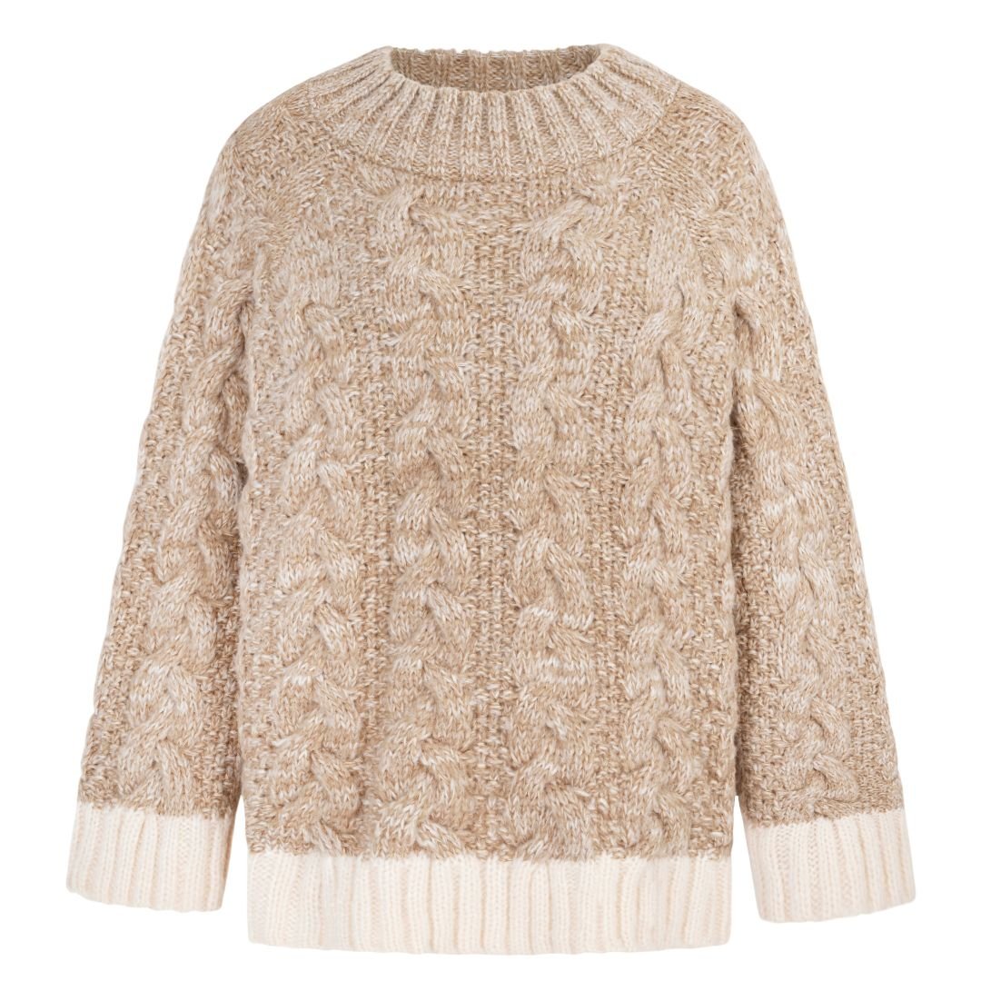 Jennie Cable High Neck Balloon Sleeve Jumper - Beige